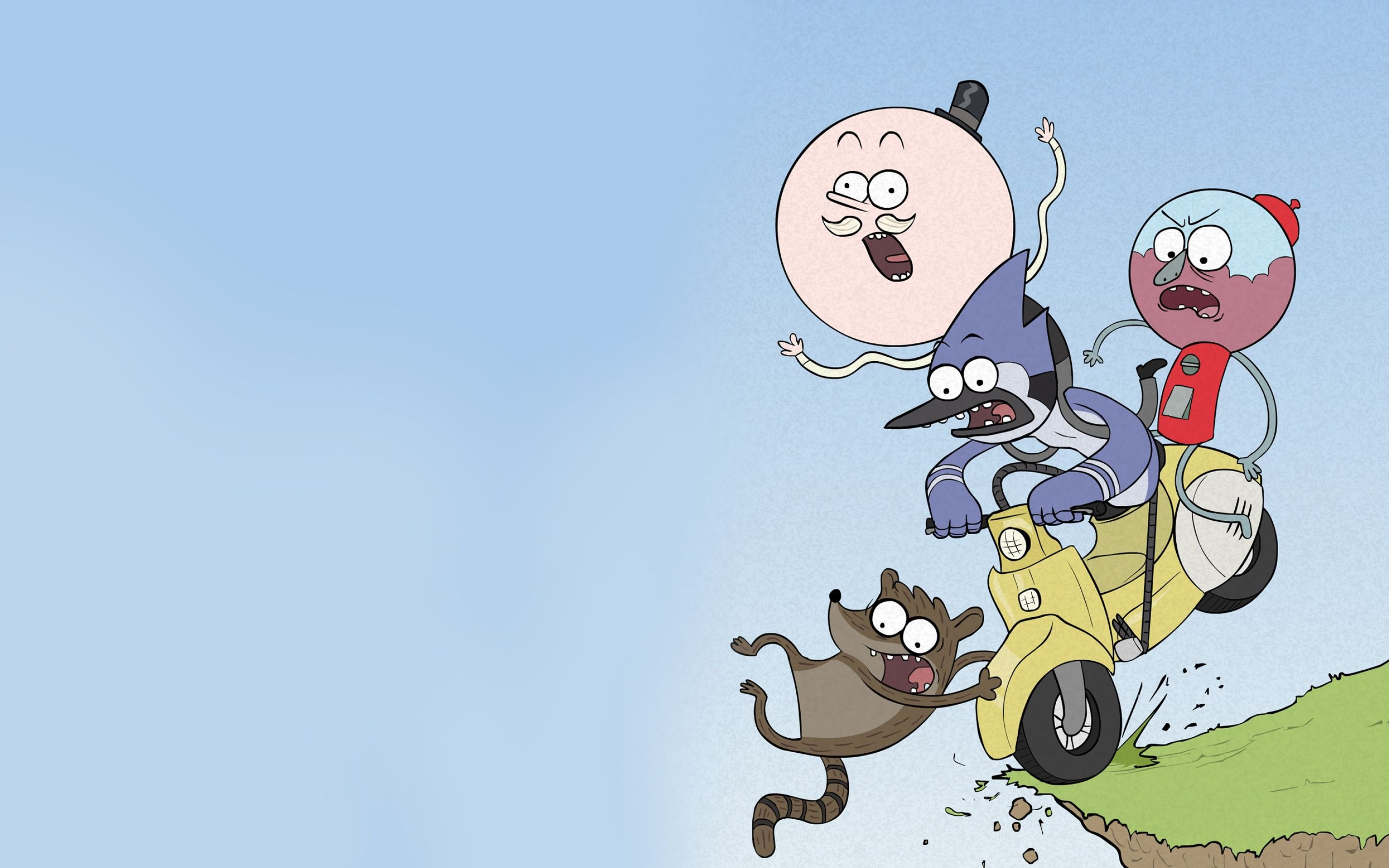 Mordecai riding yellow scooter, Rigby tumbling mid-air, Pops in black top hat, Benson gumball machine, Regular Show, HD Desktop wallpaper