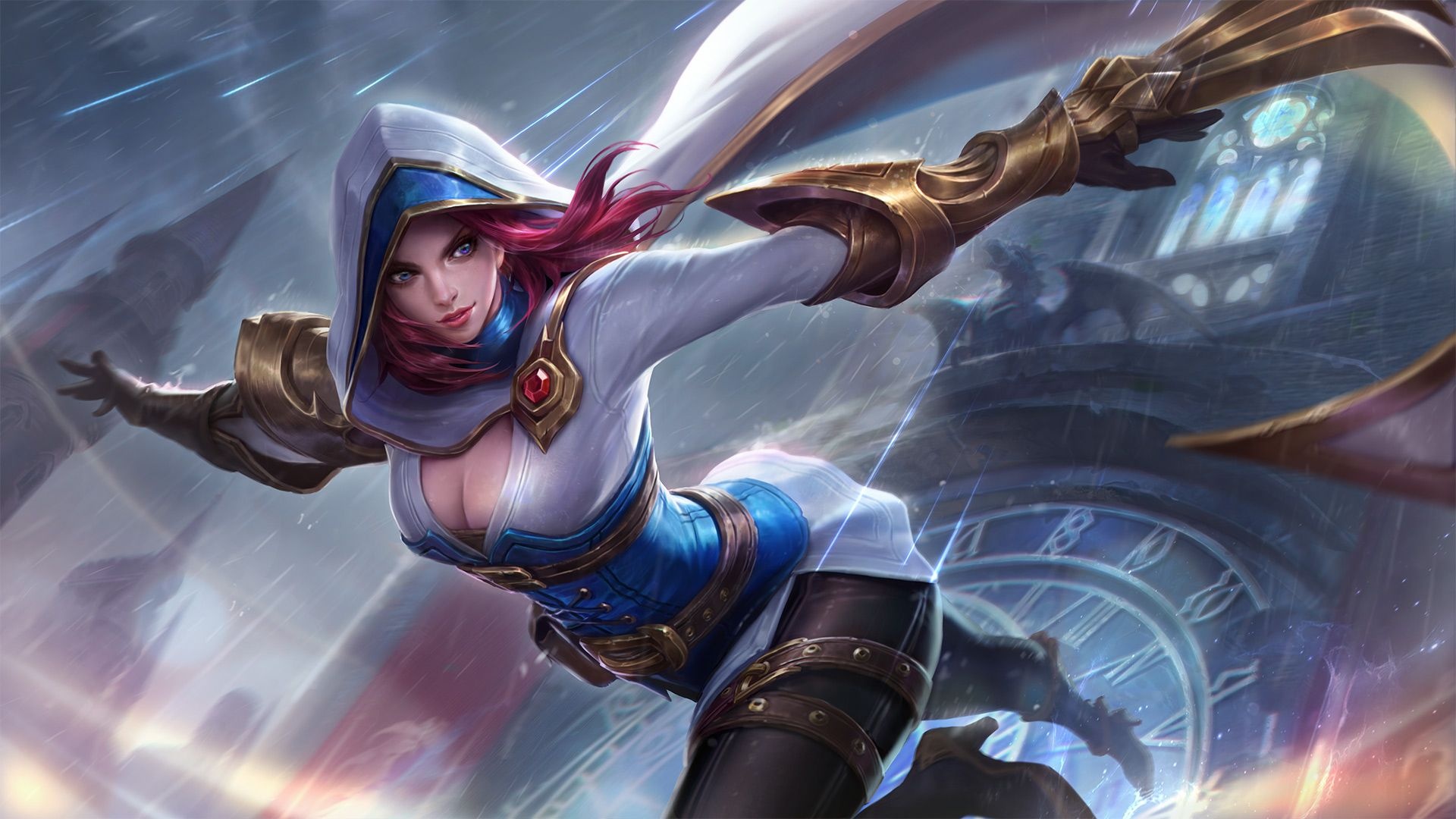 Natalia Mobile Legends, golden claw gauntlets, gothic clock tower, Full HD Desktop wallpaper