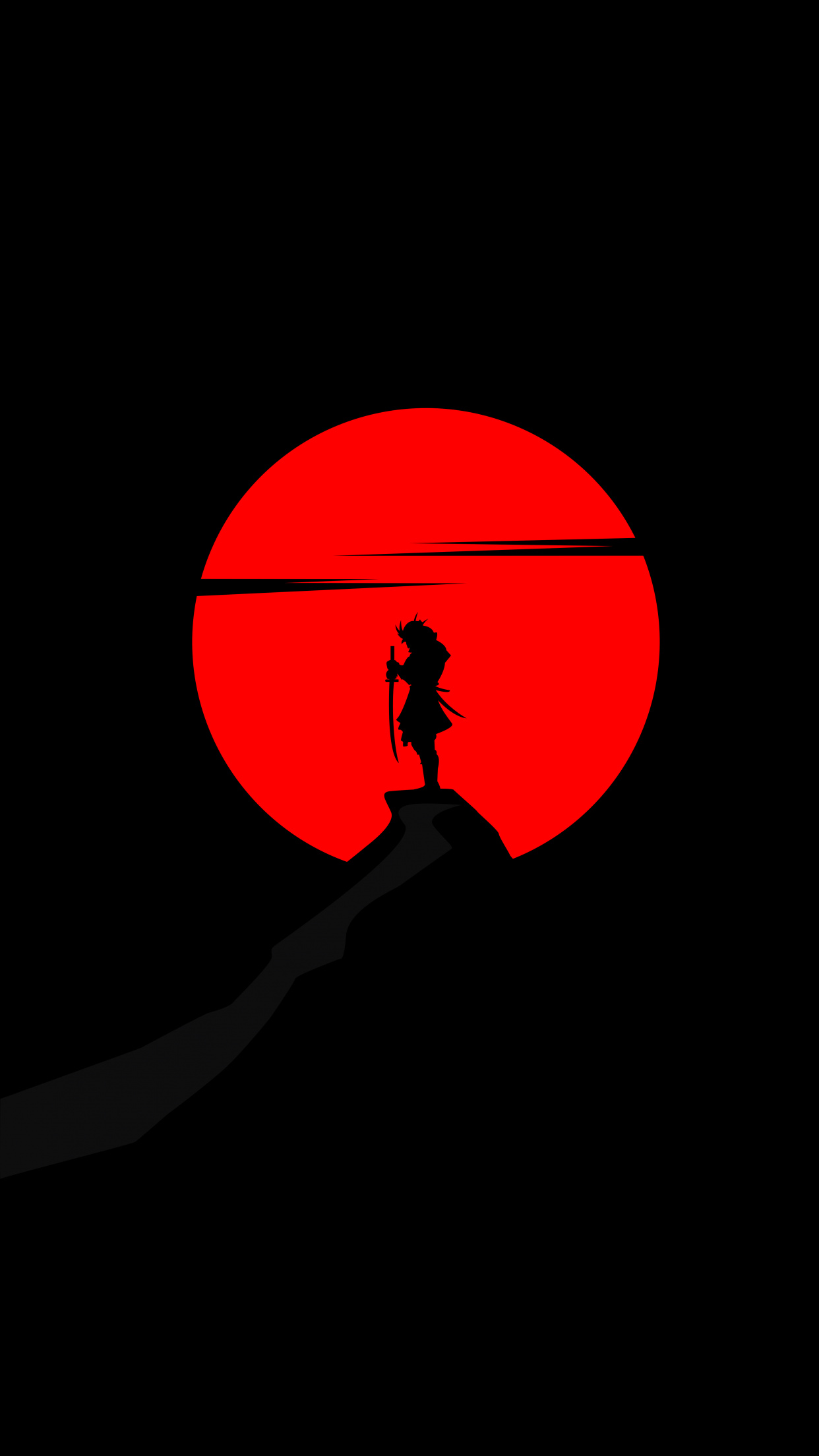 samurai warrior silhouette, giant red sun, cliff peak silhouette, HD Phone wallpaper