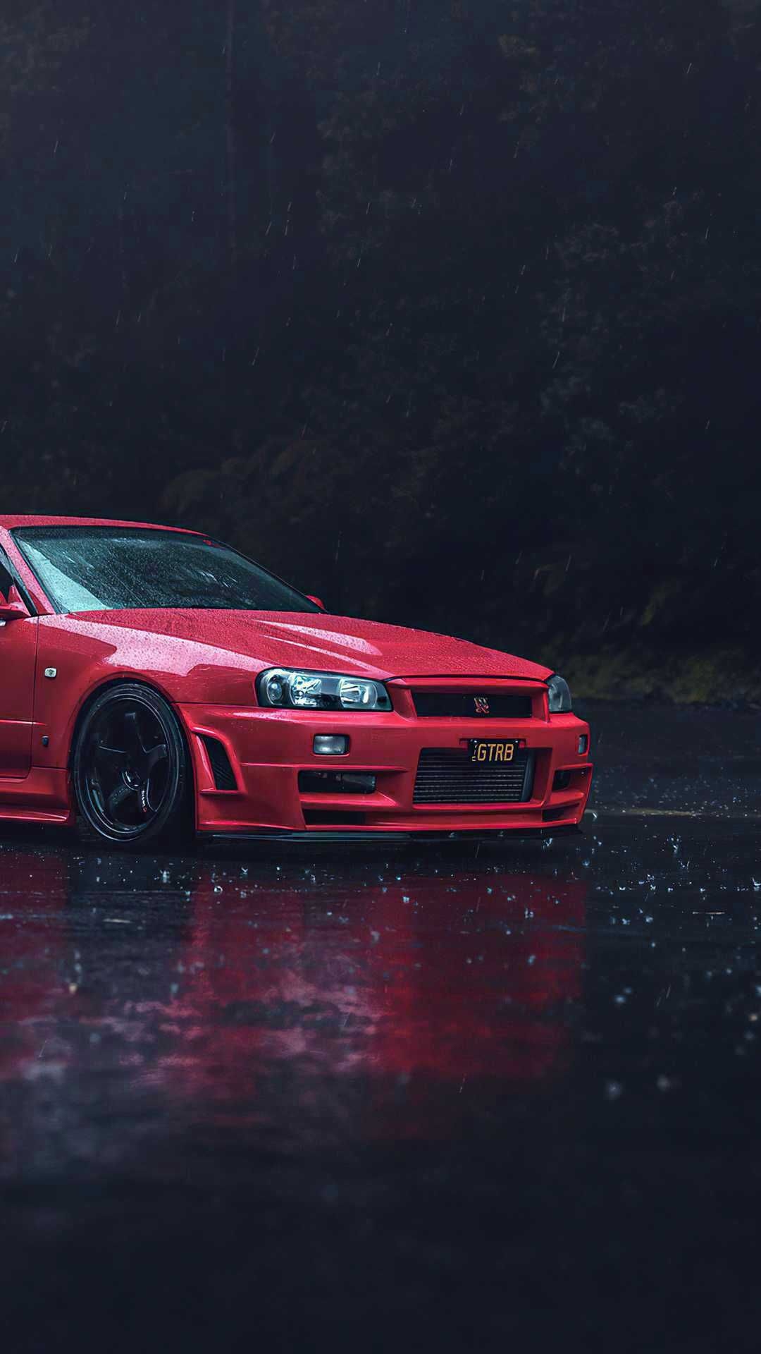 Nissan Skyline GT-R R34, GTRB license plate, wet asphalt rain reflection, Full HD Phone wallpaper