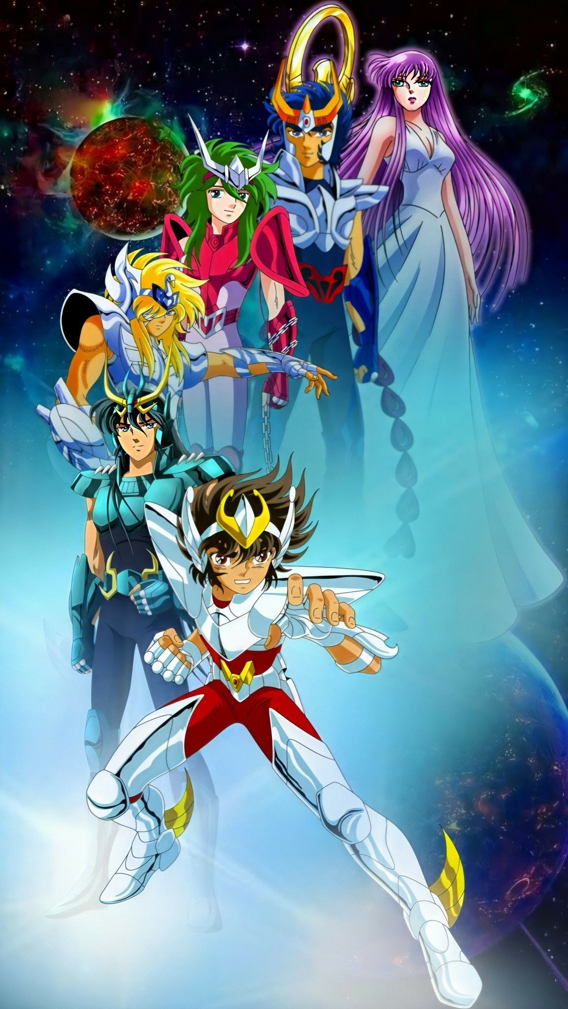 Pegasus Seiya, Saori Kido Athena, Dragon Shiryu, Phoenix Ikki, Cygnus Hyoga, HD Phone wallpaper