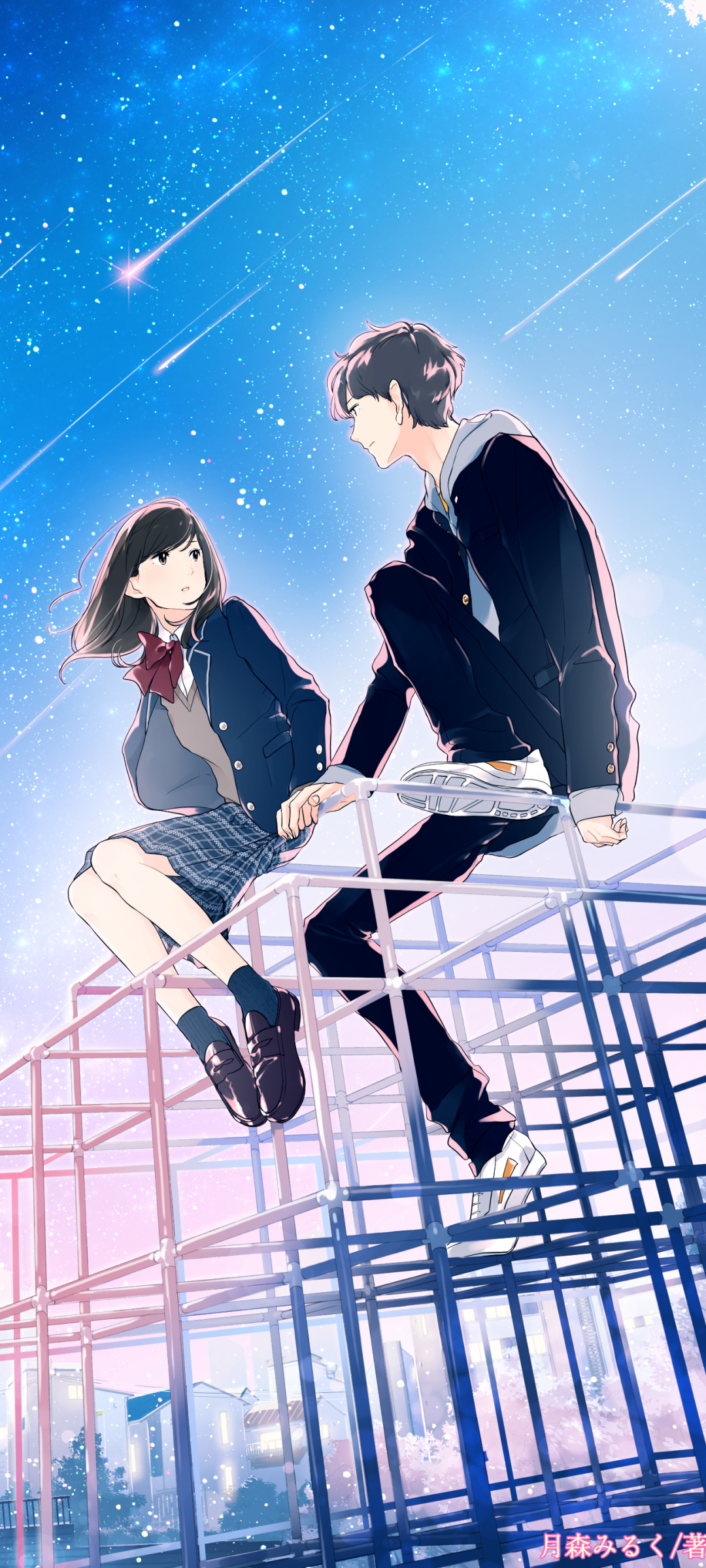 anime high school couple, playground jungle gym, meteor shower night sky, HD Phone wallpaper