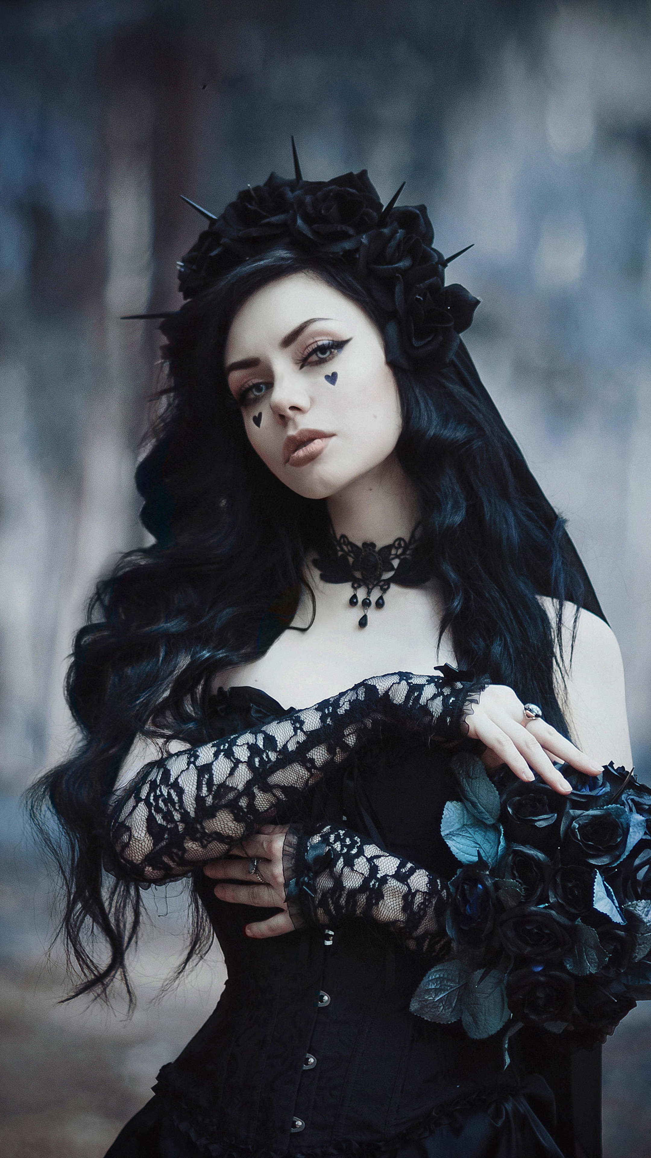 Gothic bridal fashion, Black dress elegance, Sony Xperia wallpapers, Dark and romantic, 2160x3840 4K Phone