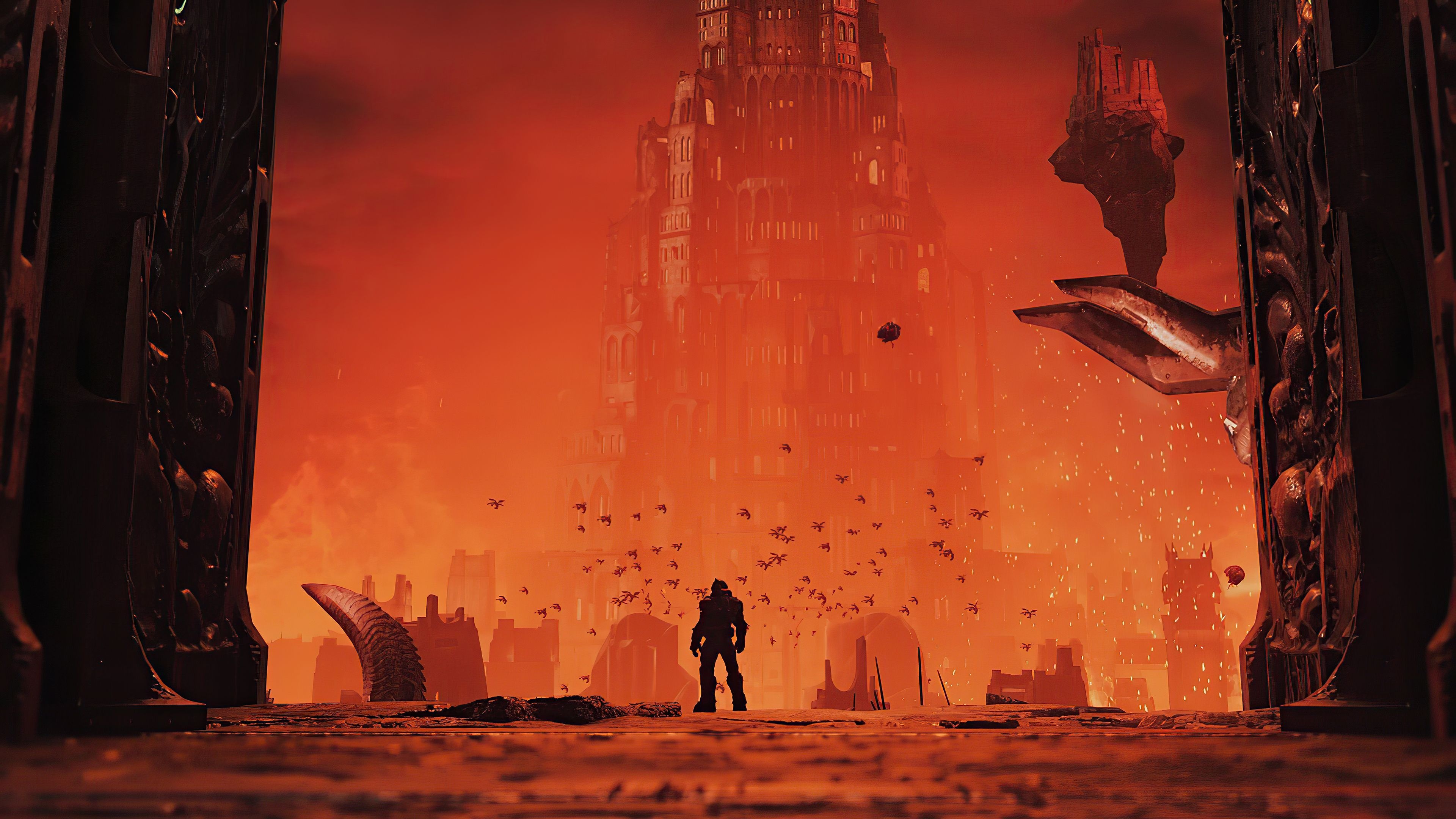 Doom Slayer silhouette, Nekravol fortress, Doom Eternal Hell landscape, 4K Desktop wallpaper