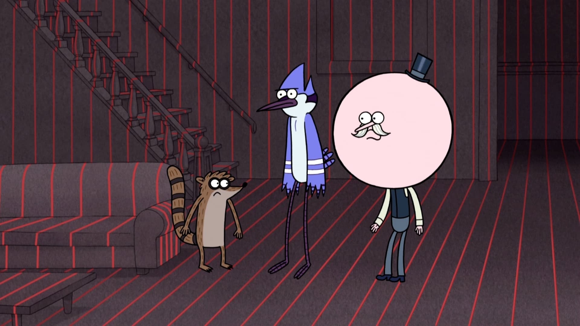 Pops in top hat, Mordecai blue jay, Rigby raccoon, Dim striped living room, Regular Show, Full HD Desktop wallpaper
