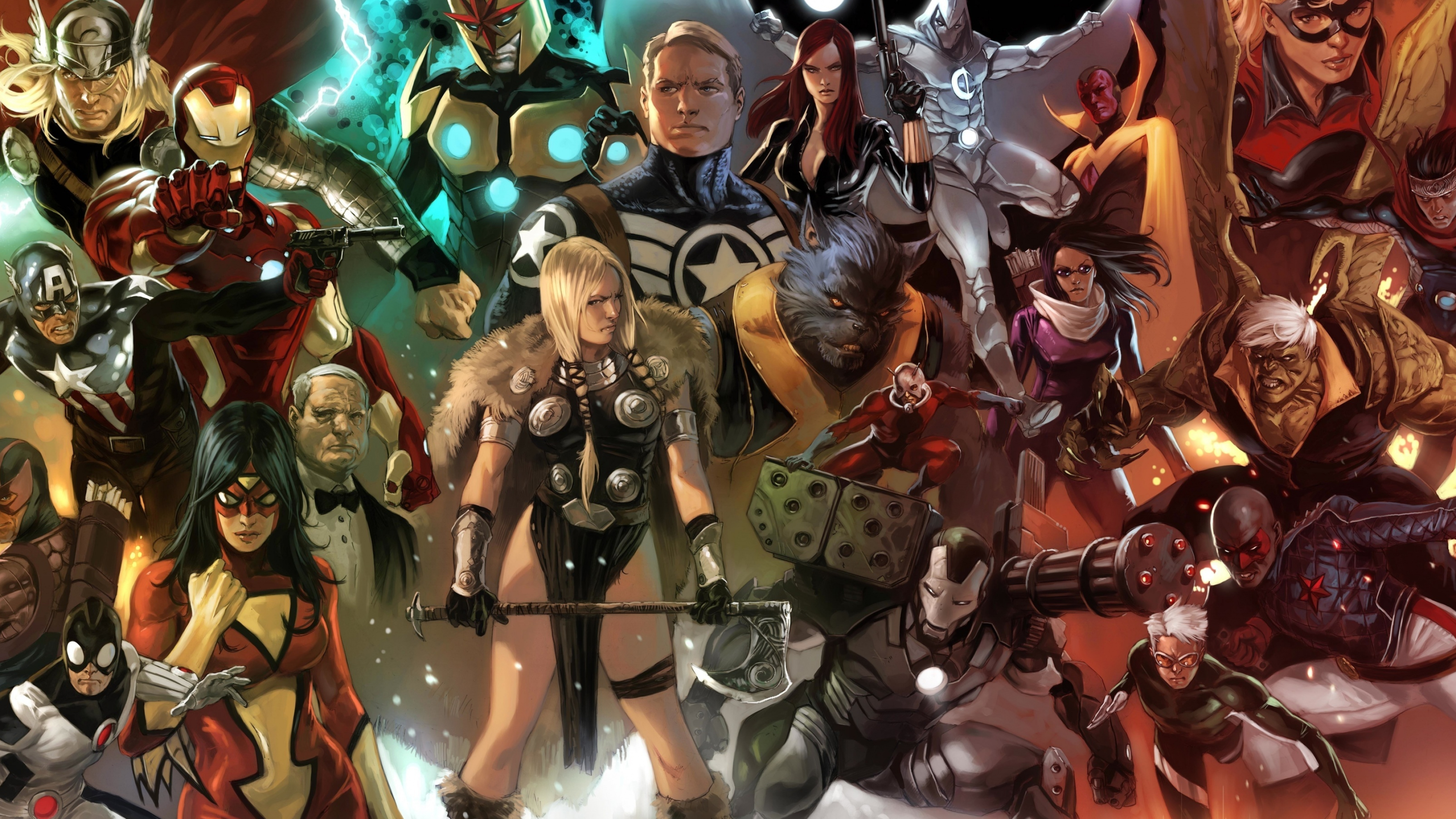 Valkyrie with battle axe, Steve Rogers Super Soldier, Iron Man Bleeding Edge armor, Spider-Woman Jessica Drew, Secret Avengers comic montage, HD Desktop wallpaper