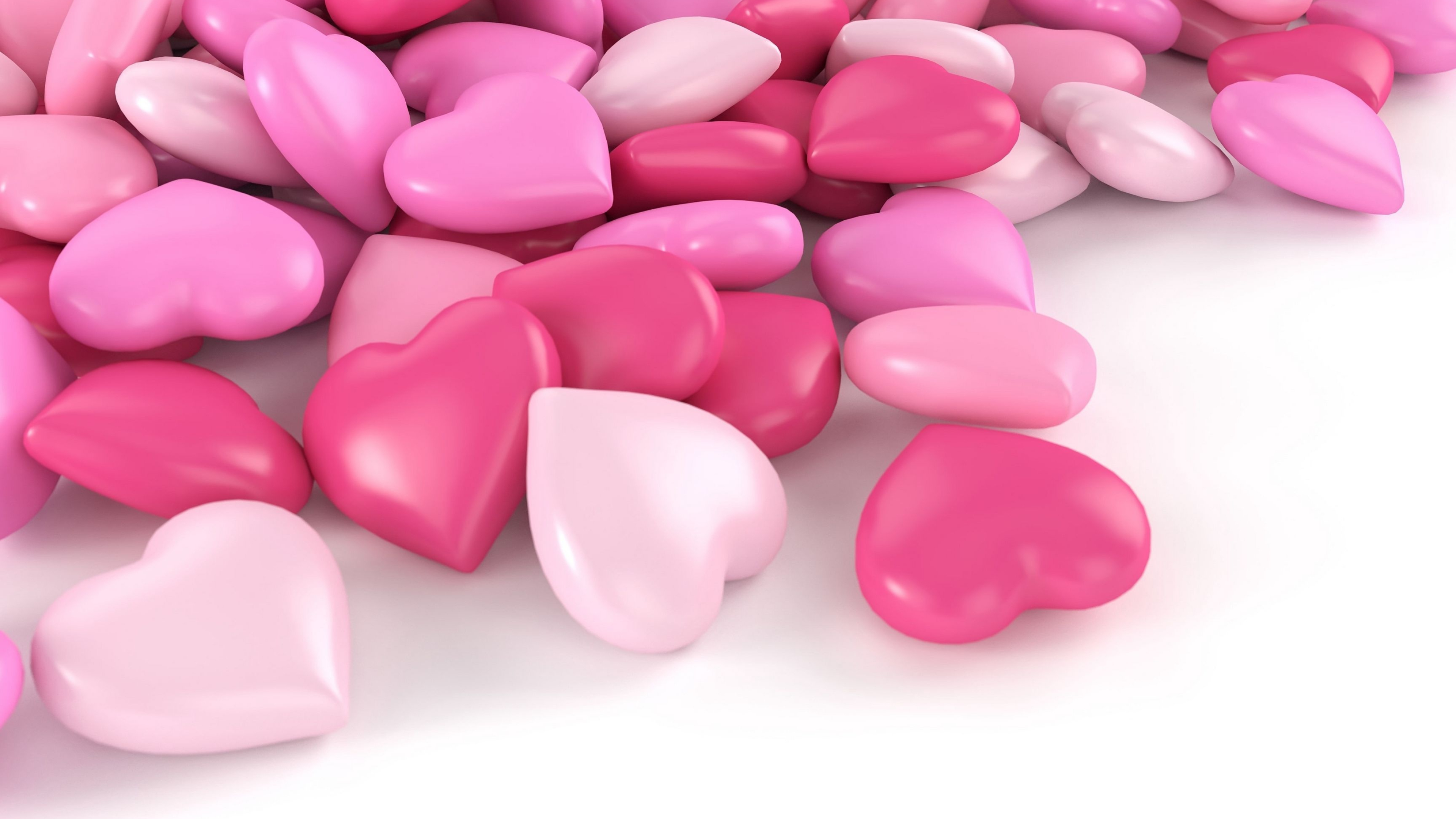 glossy 3D pink hearts, smooth pastel candy hearts, plain white surface, 4K Desktop wallpaper
