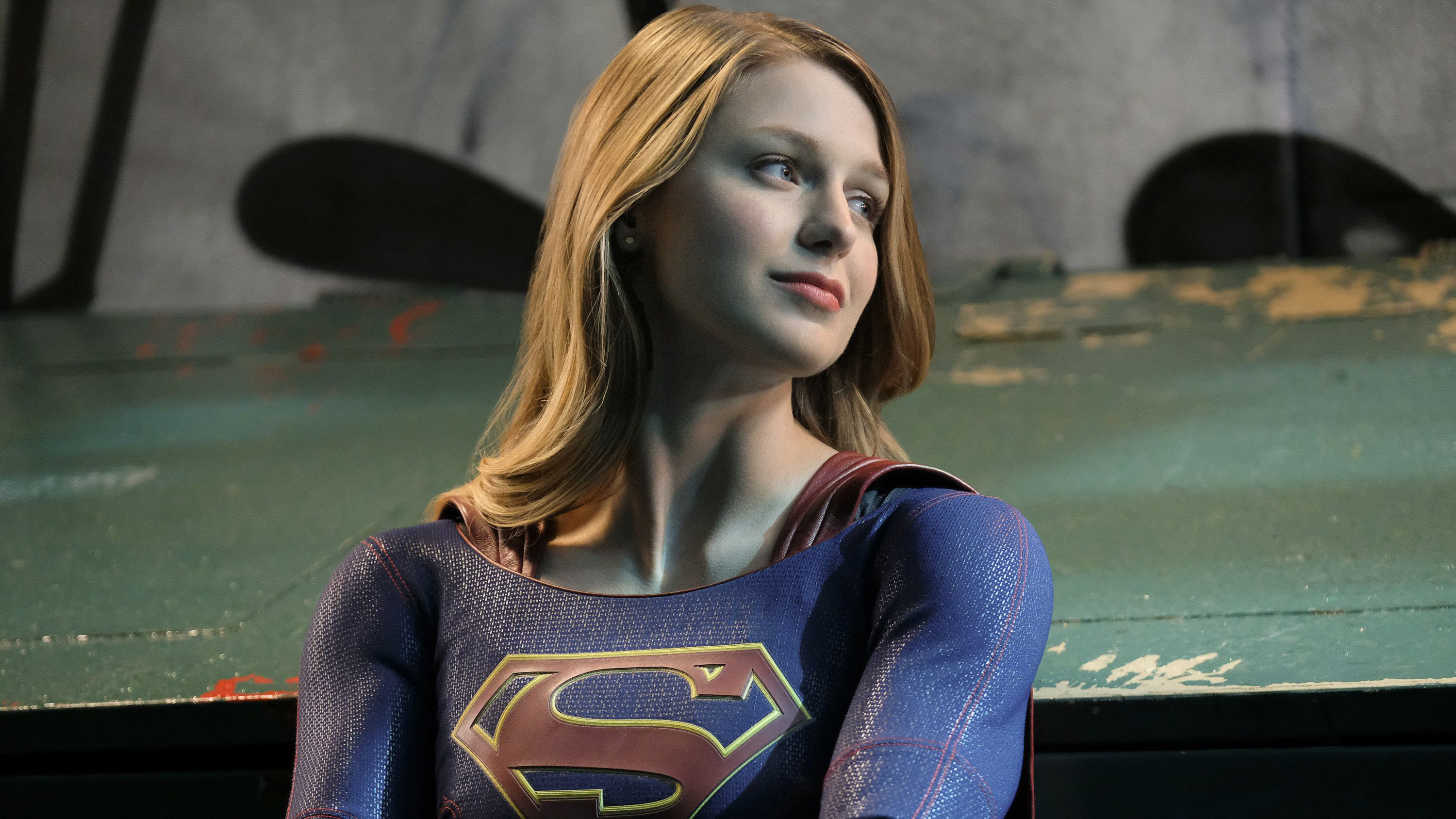 Melissa Benoist as Supergirl, House of El emblem, Blue textured superhero suit, HD Desktop wallpaper