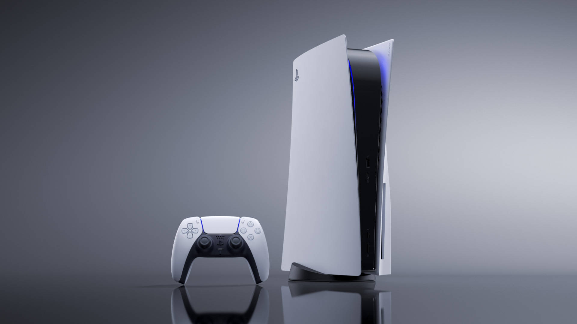 PlayStation 5 console, DualSense wireless controller, Grey gradient studio backdrop, Full HD Desktop wallpaper