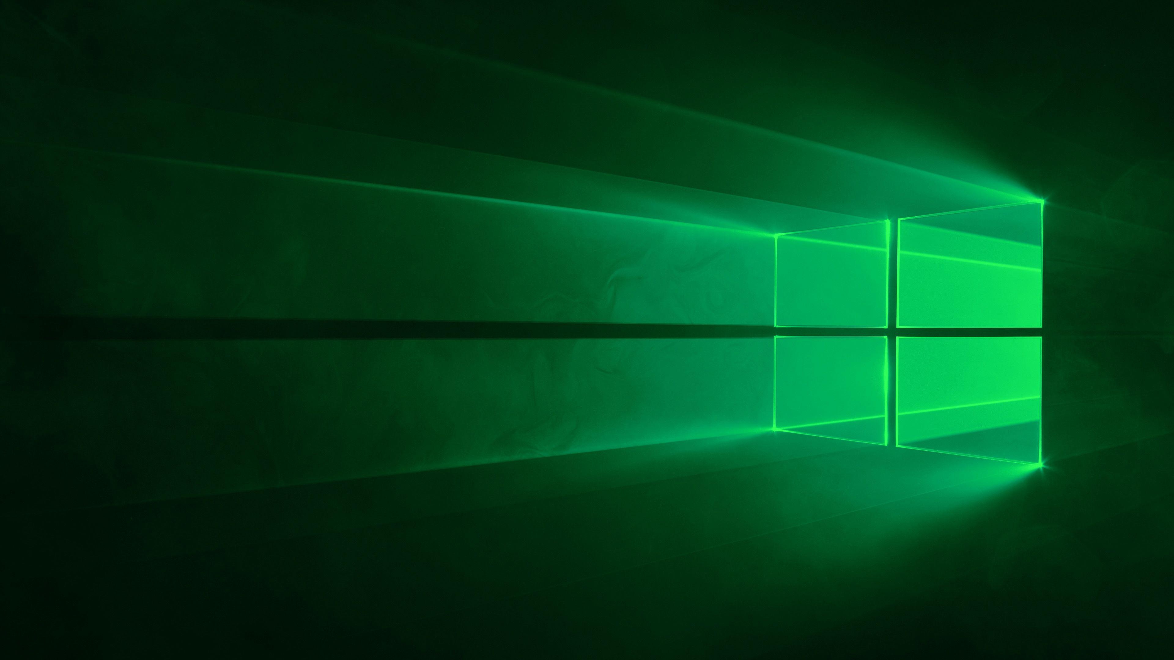Windows 10 Hero logo, green volumetric light, smoky dark backdrop, 4K Desktop wallpaper