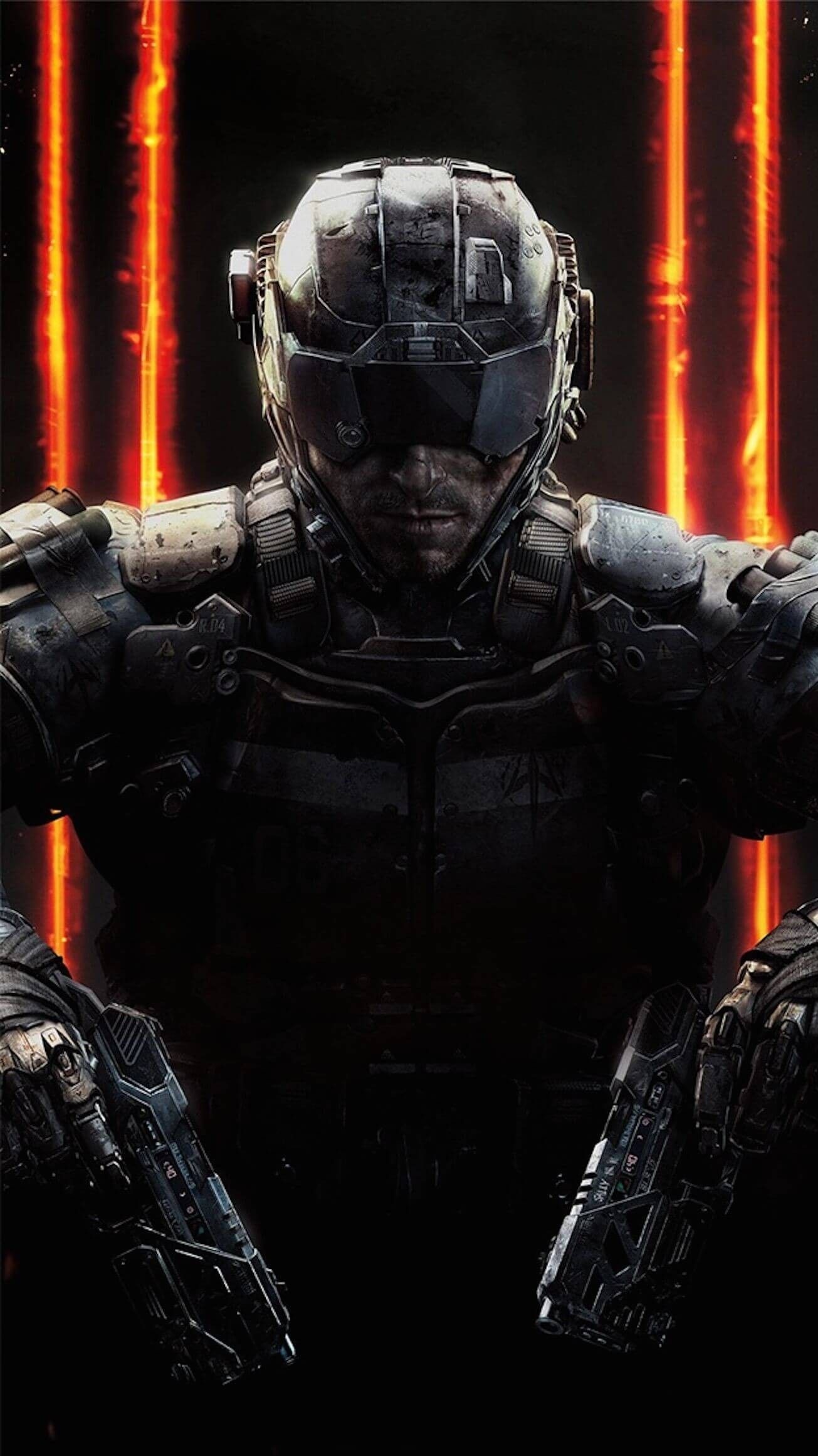 Call of Duty: Black Ops III soldier, Glowing orange Roman numeral III, Dual futuristic handguns, HD Phone wallpaper