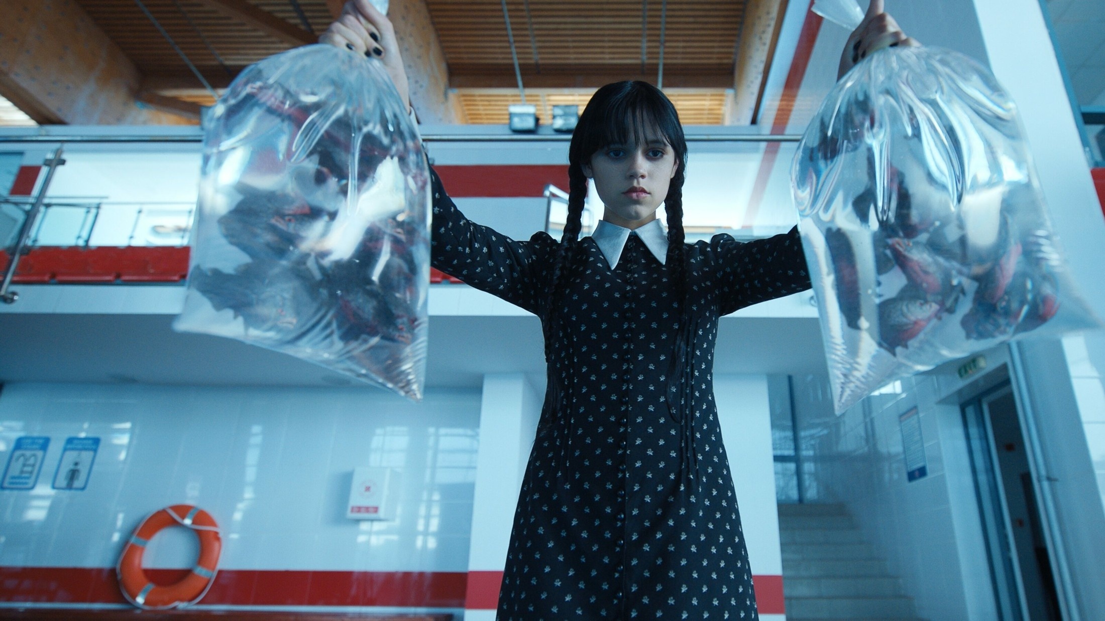 Wednesday Addams, piranhas in plastic bags, indoor swimming pool, HD Desktop wallpaper