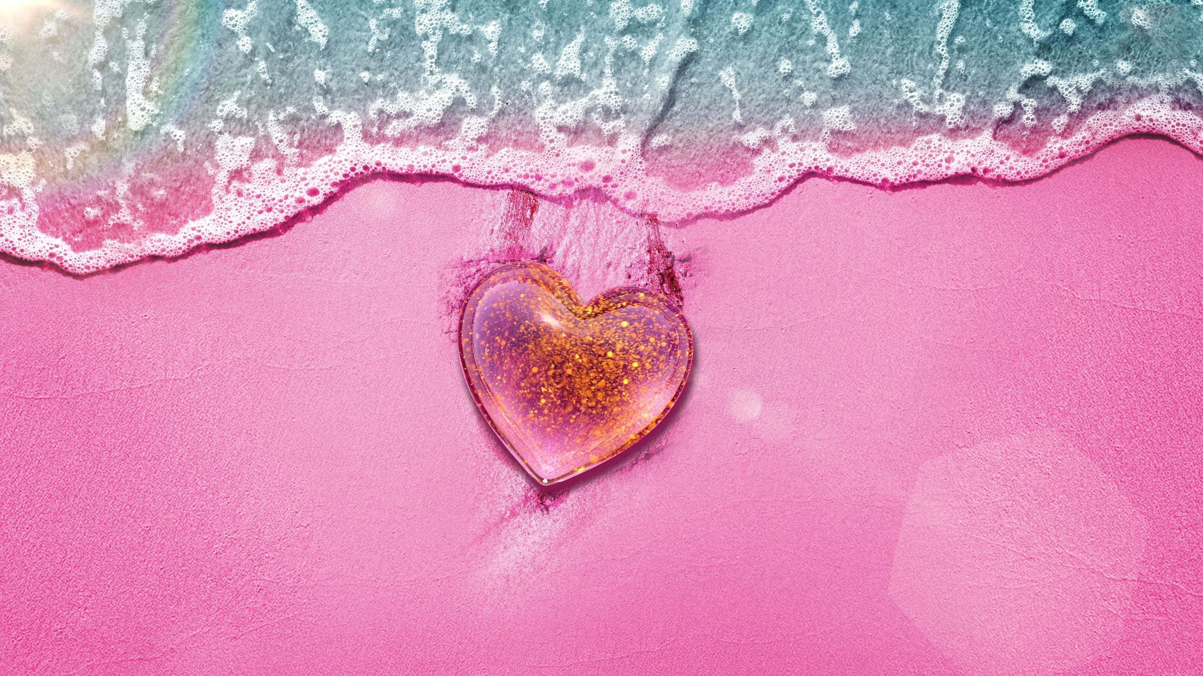 glitter glass heart, pink sand beach, foamy ocean wave, 4K Desktop wallpaper