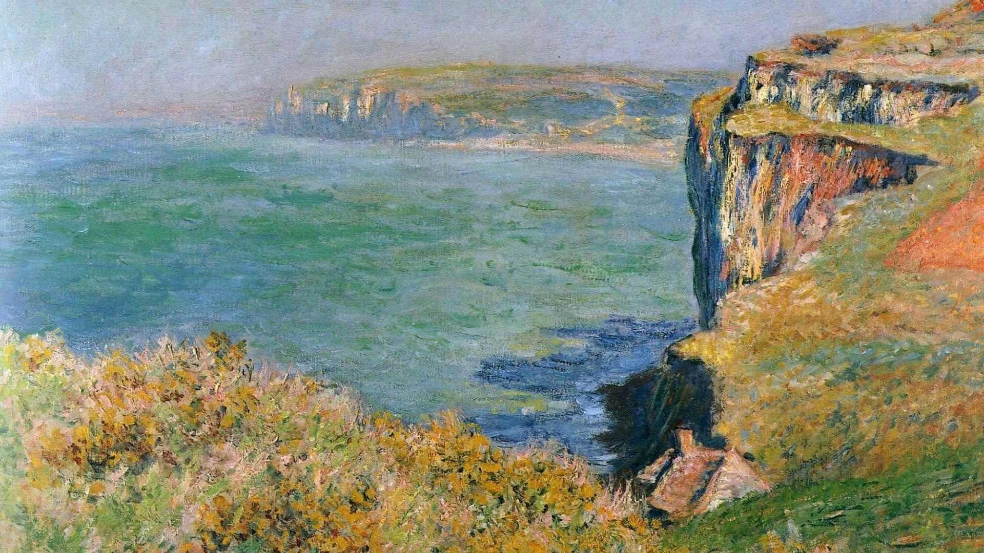 Cliffs at Dieppe, Normandy coast cliffs, Impressionist seascape painting, Full HD Desktop wallpaper