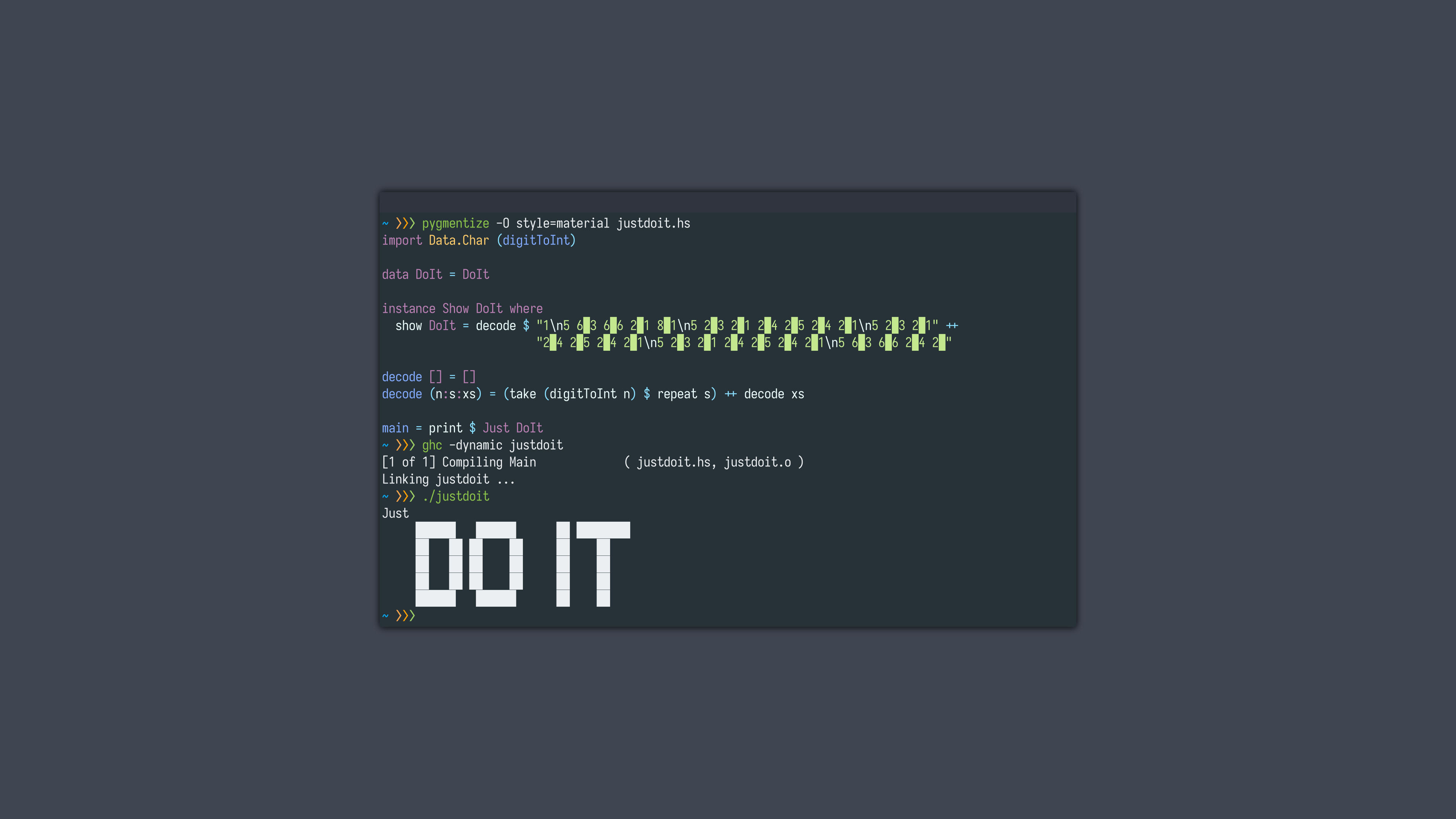 "DO IT" ASCII art, Haskell source code, dark terminal window, 4K Desktop wallpaper