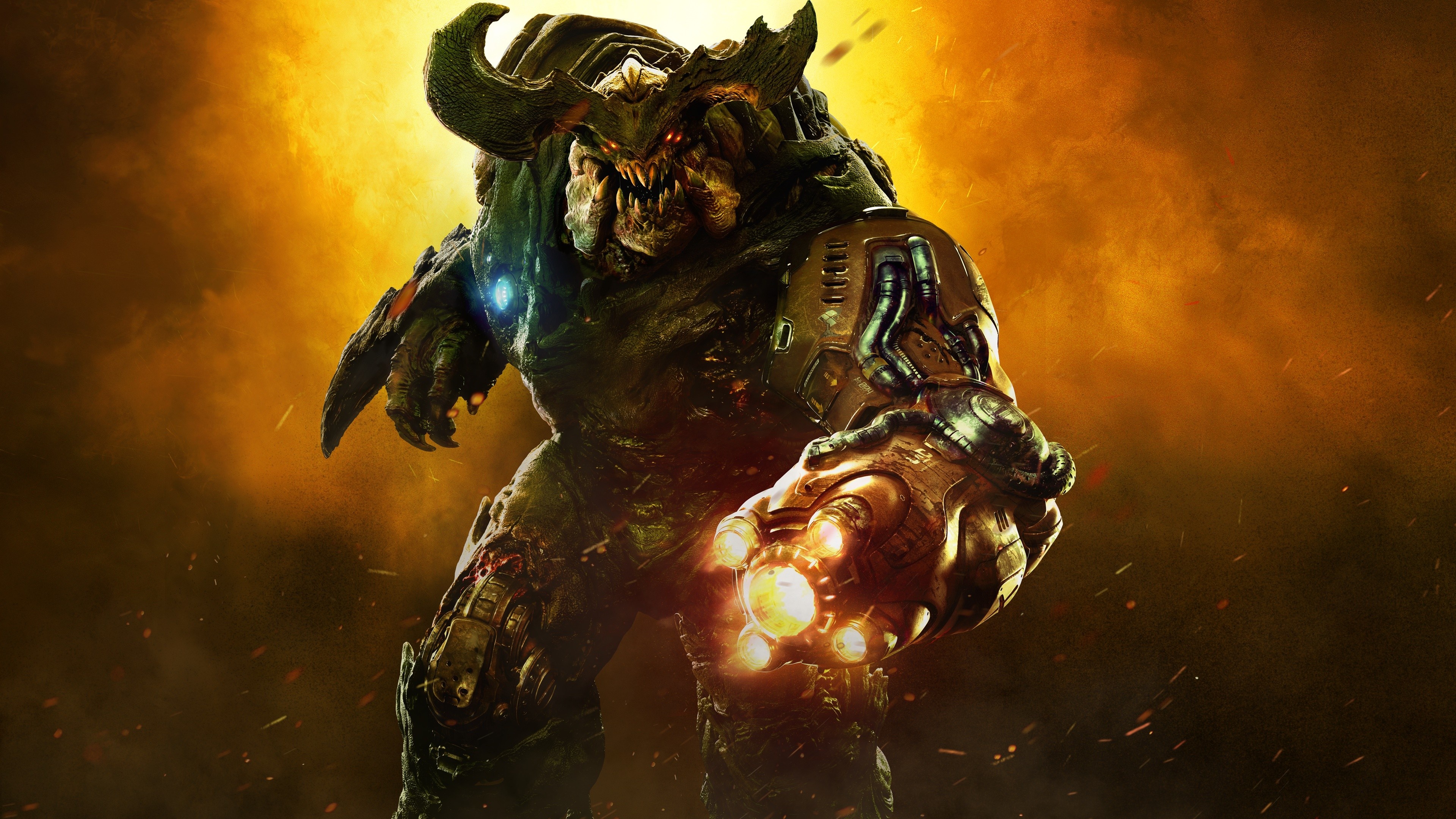 DOOM Cyberdemon, cybernetic arm cannon, burning hellfire, 4K Desktop wallpaper
