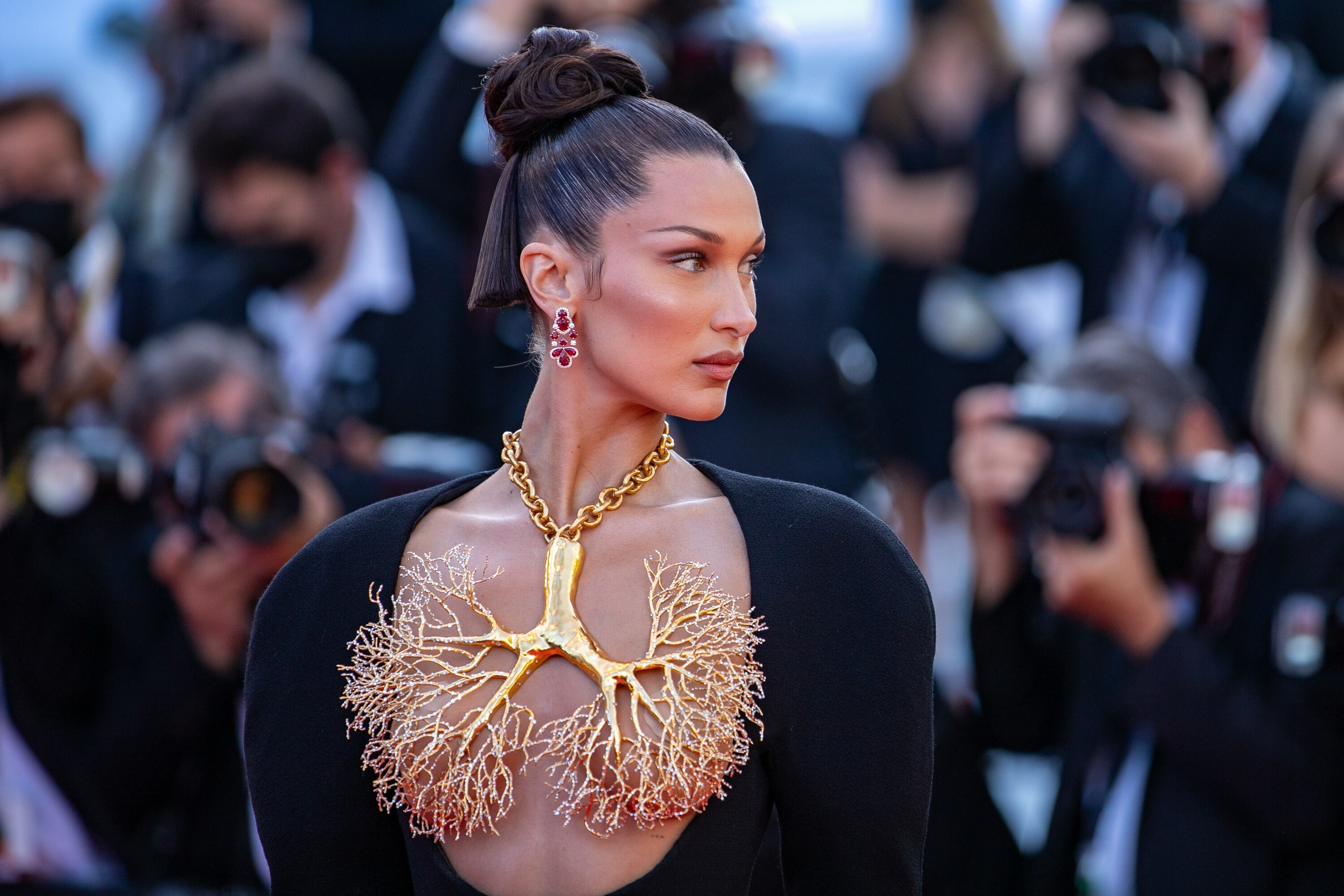 Schiaparelli, Bella Hadid's gown, Tiny underboob tattoo, Cannes, 3000x2000 HD Desktop