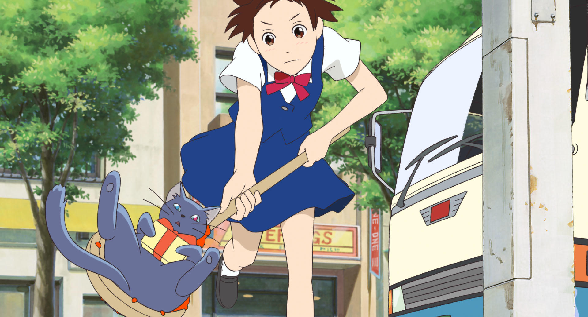 Haru Yoshioka, The Cat Returns, Sunny city street, Oncoming delivery truck, HD Desktop wallpaper