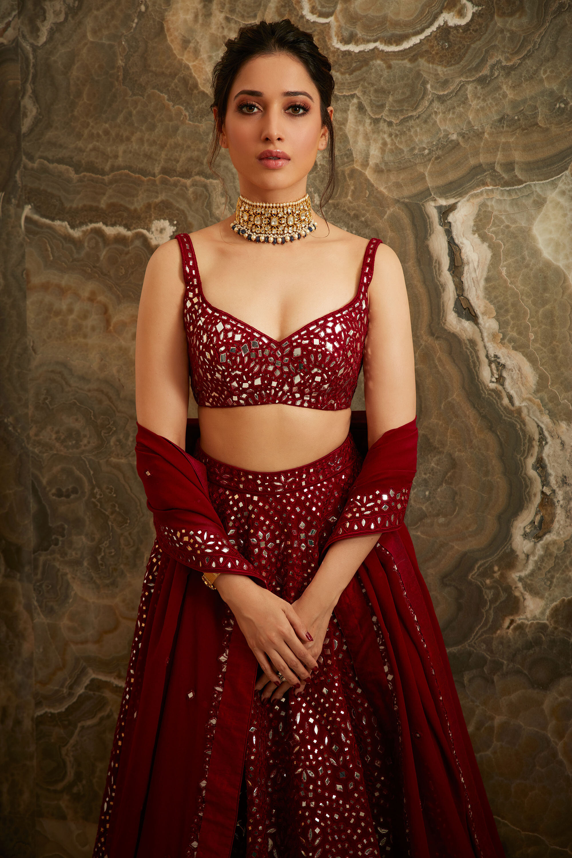 Tamannaah Bhatia, Maroon mirror work lehenga, Ornate choker necklace, HD Phone wallpaper