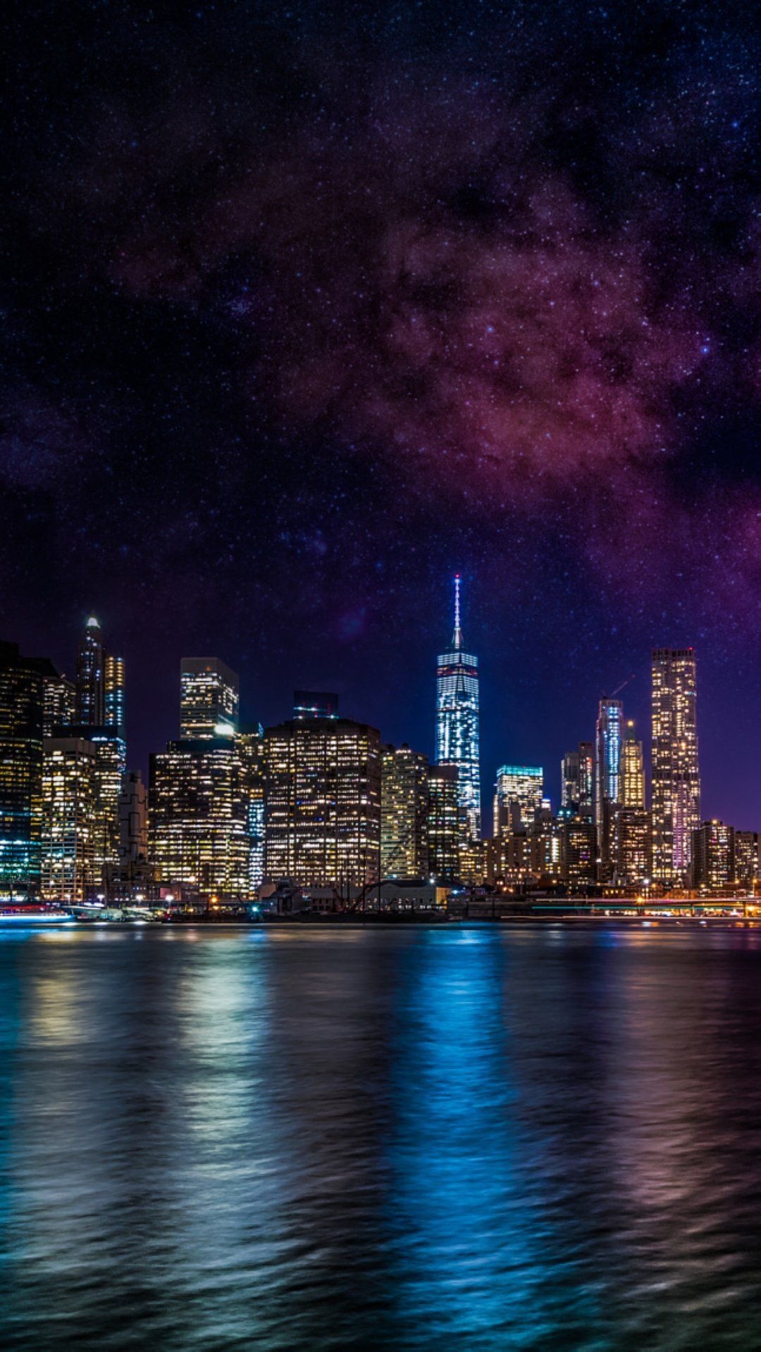 One World Trade Center, Lower Manhattan skyline, purple starry night sky, Full HD Phone wallpaper