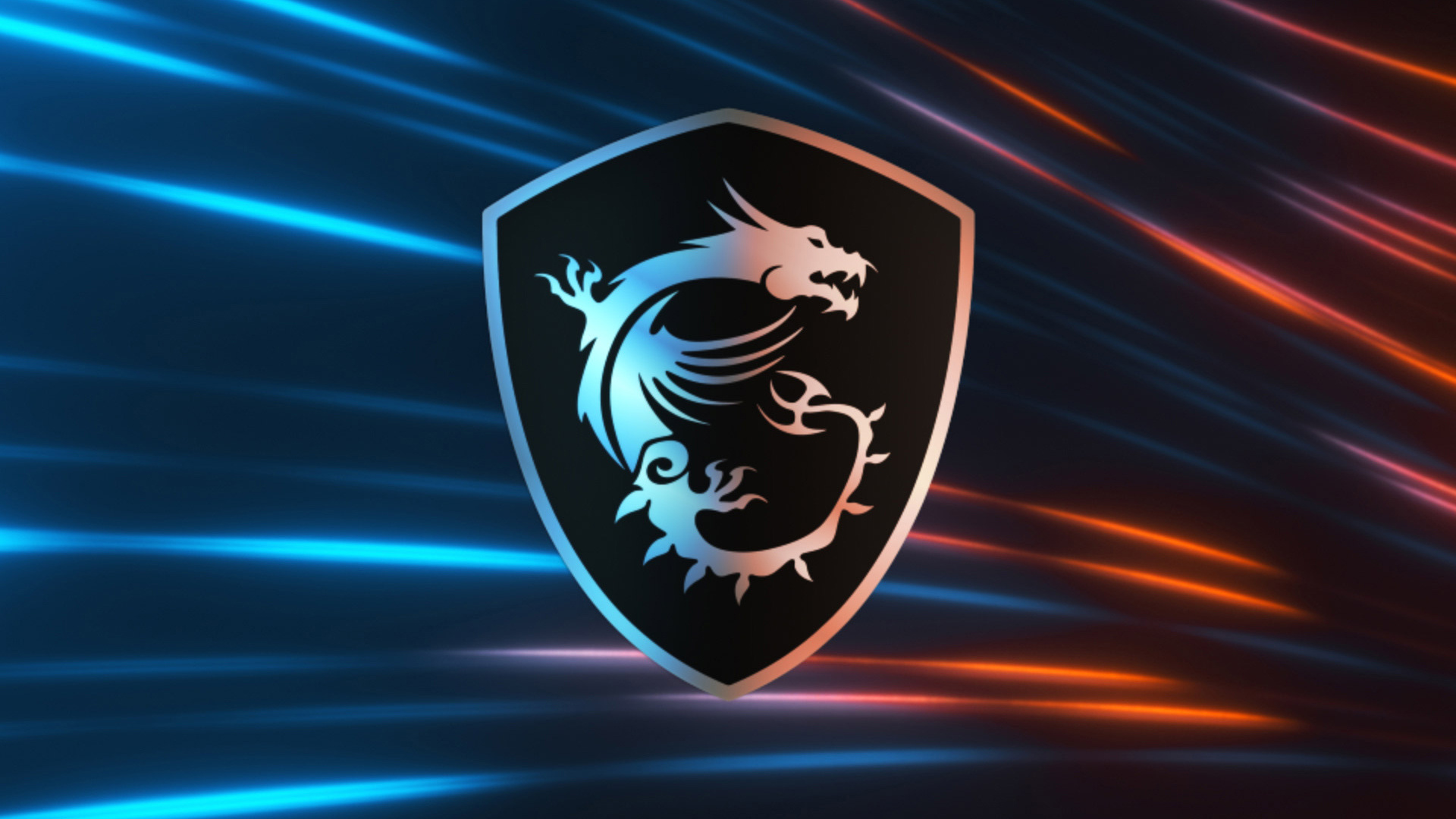 MSI dragon shield logo, blue neon light streaks, orange light trails, Full HD Desktop wallpaper