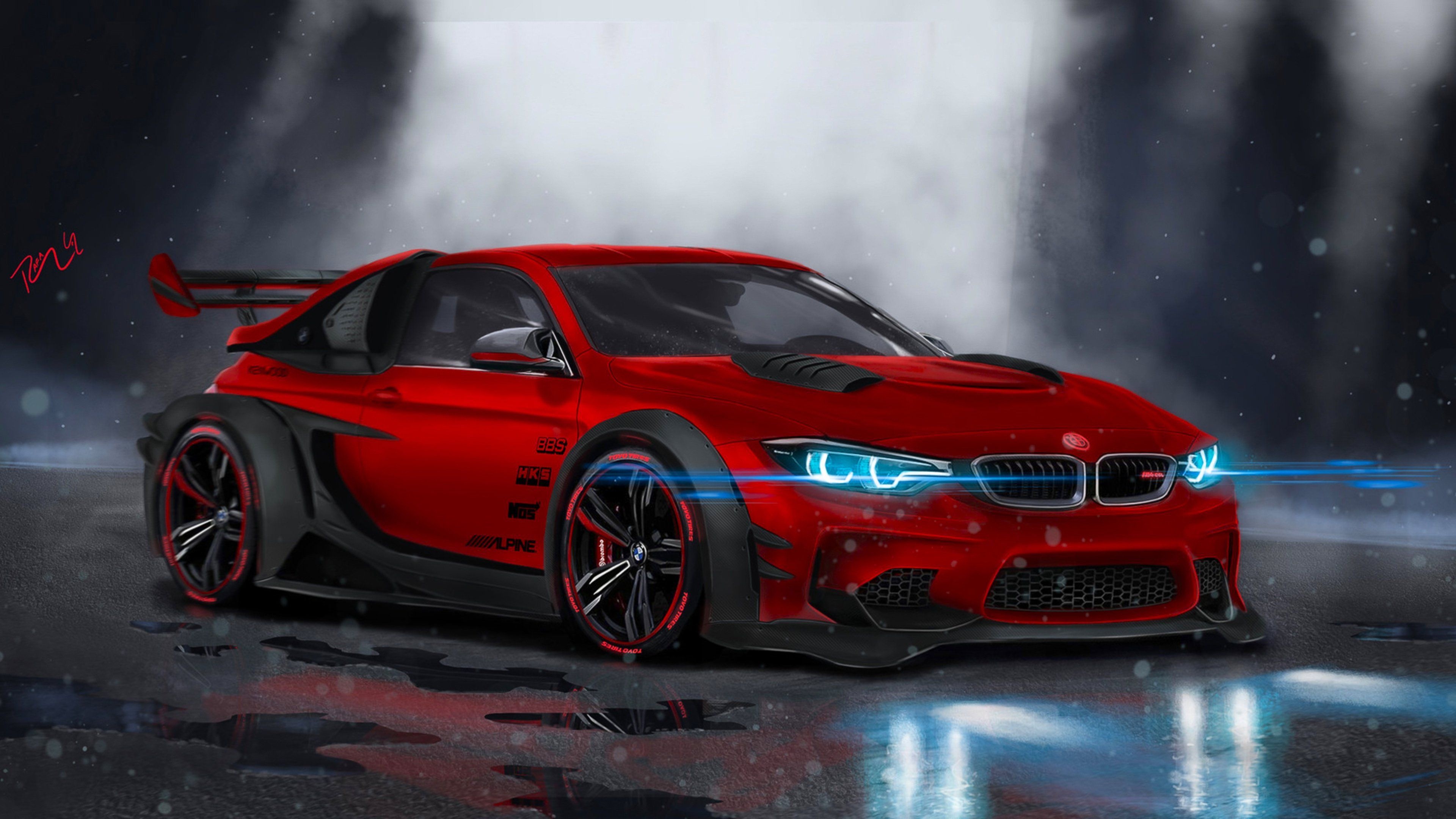 custom widebody BMW M4, aftermarket aero kit, wet asphalt reflections, 4K Desktop wallpaper