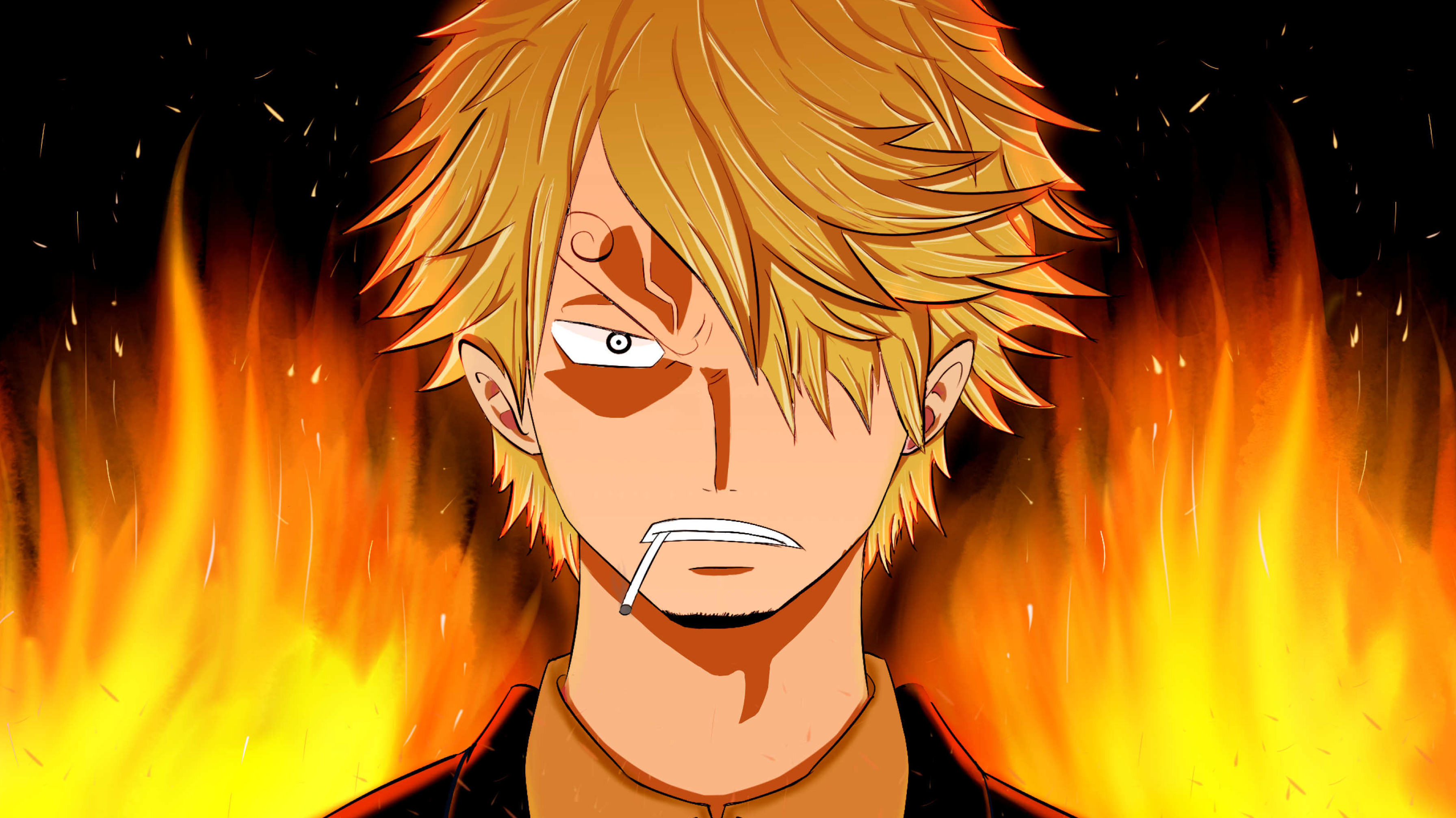Vinsmoke Sanji, Cigarette in mouth, Raging fire, HD Desktop wallpaper