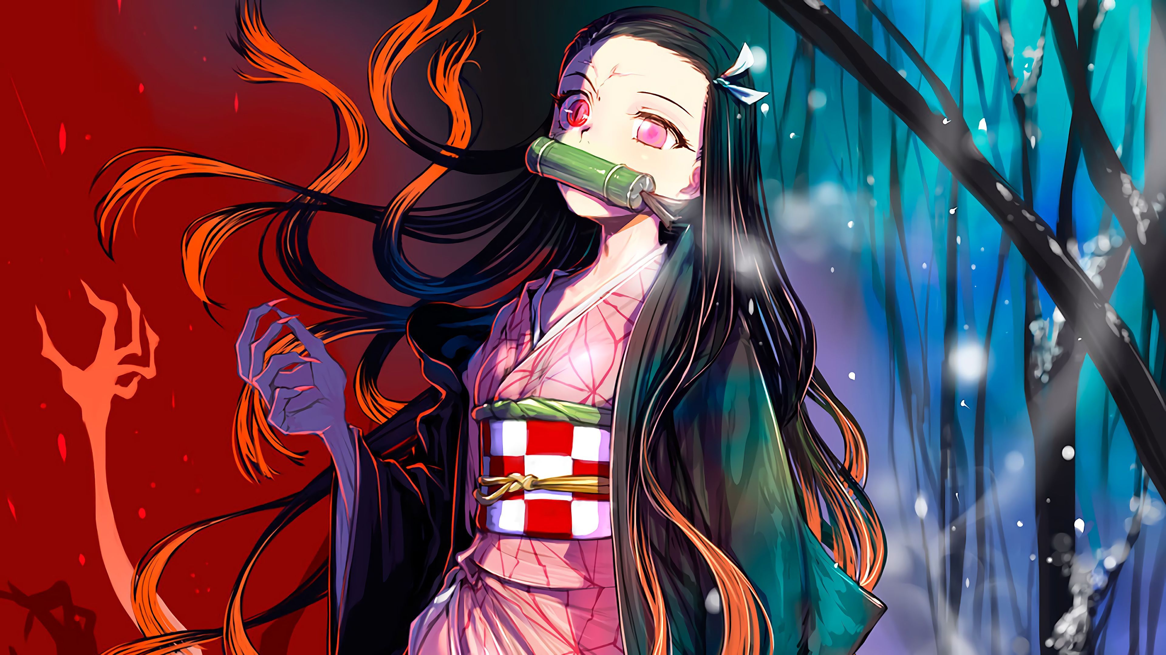 Nezuko Kamado, Demon Slayer, Bamboo muzzle and pink kimono, Split red and blue snowy forest, 4K Desktop wallpaper