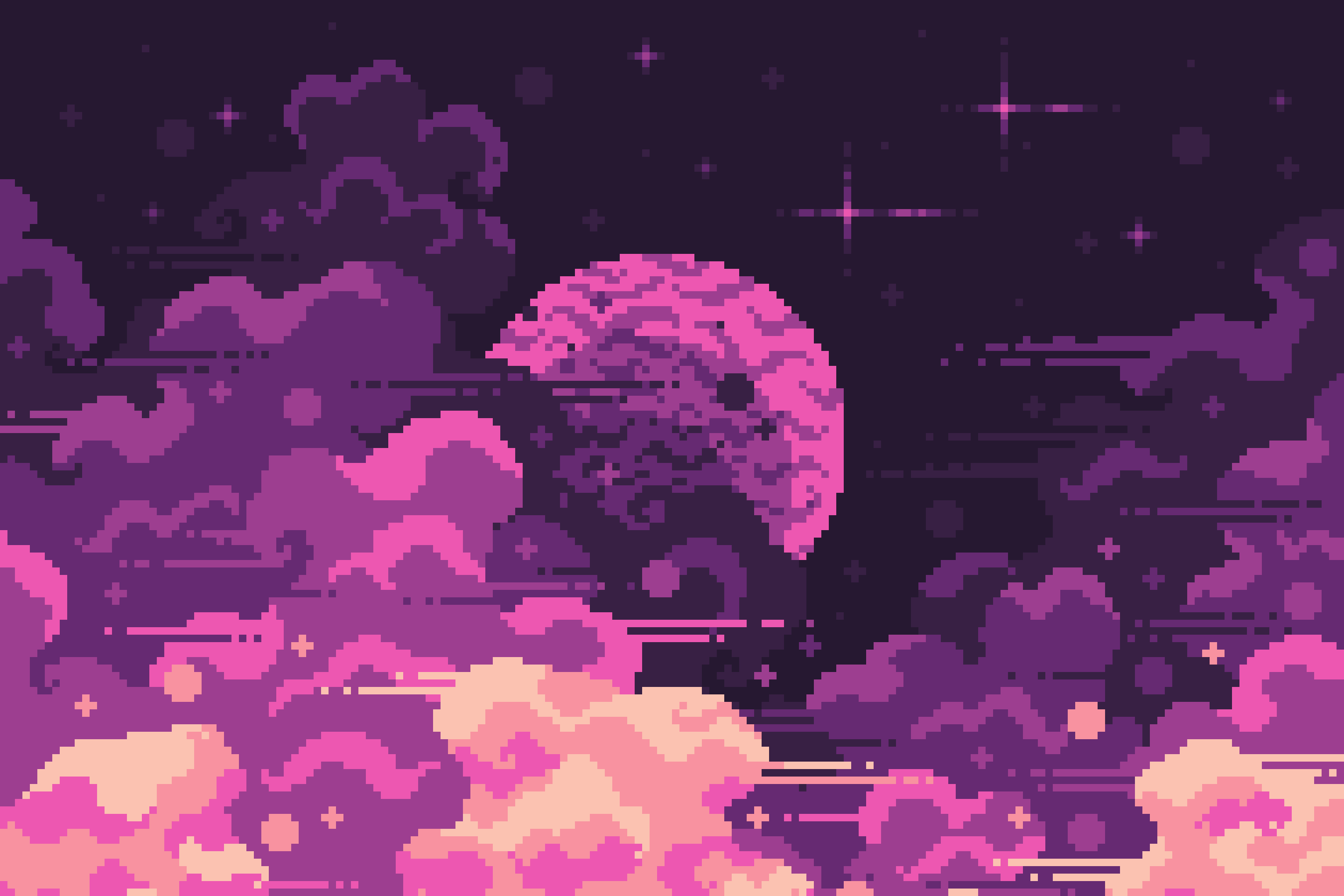 pixel art full moon, pink pixel clouds, pixel art starry sky, HD Desktop wallpaper