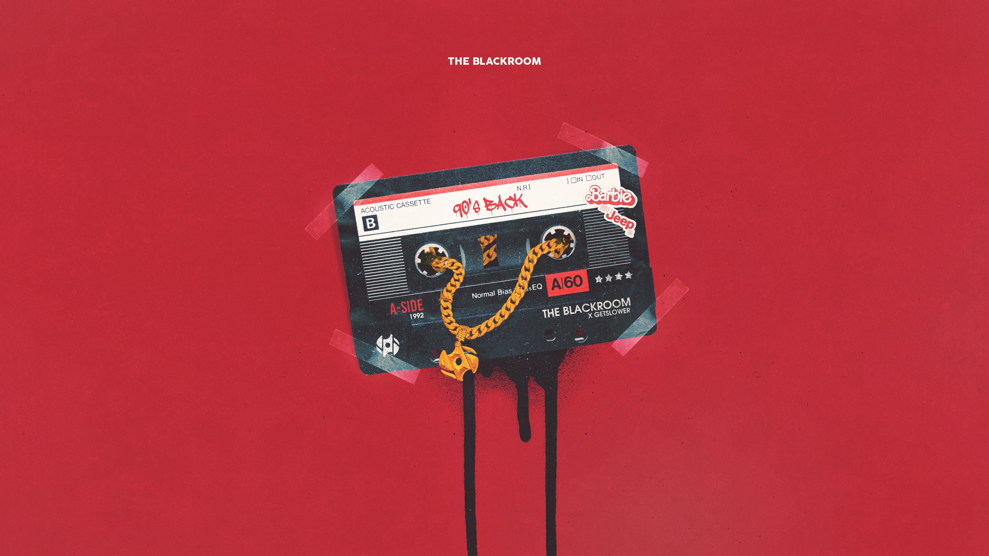 Audio cassette tape illustration, Gold Cuban link chain, Minimalist red background, 4K Desktop wallpaper