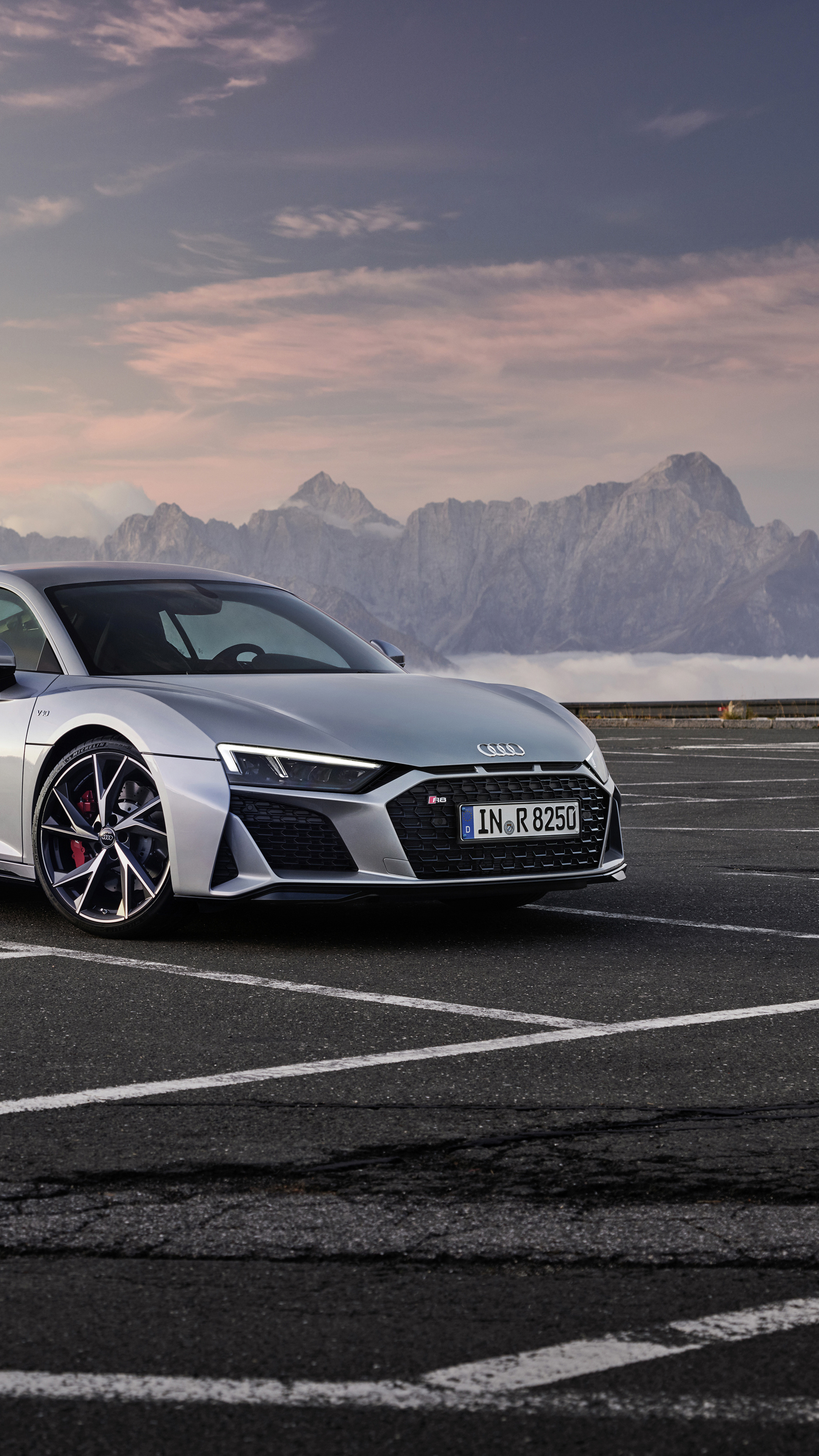 Audi R8 V10, alpine mountain range, asphalt parking lot, 4K Phone wallpaper