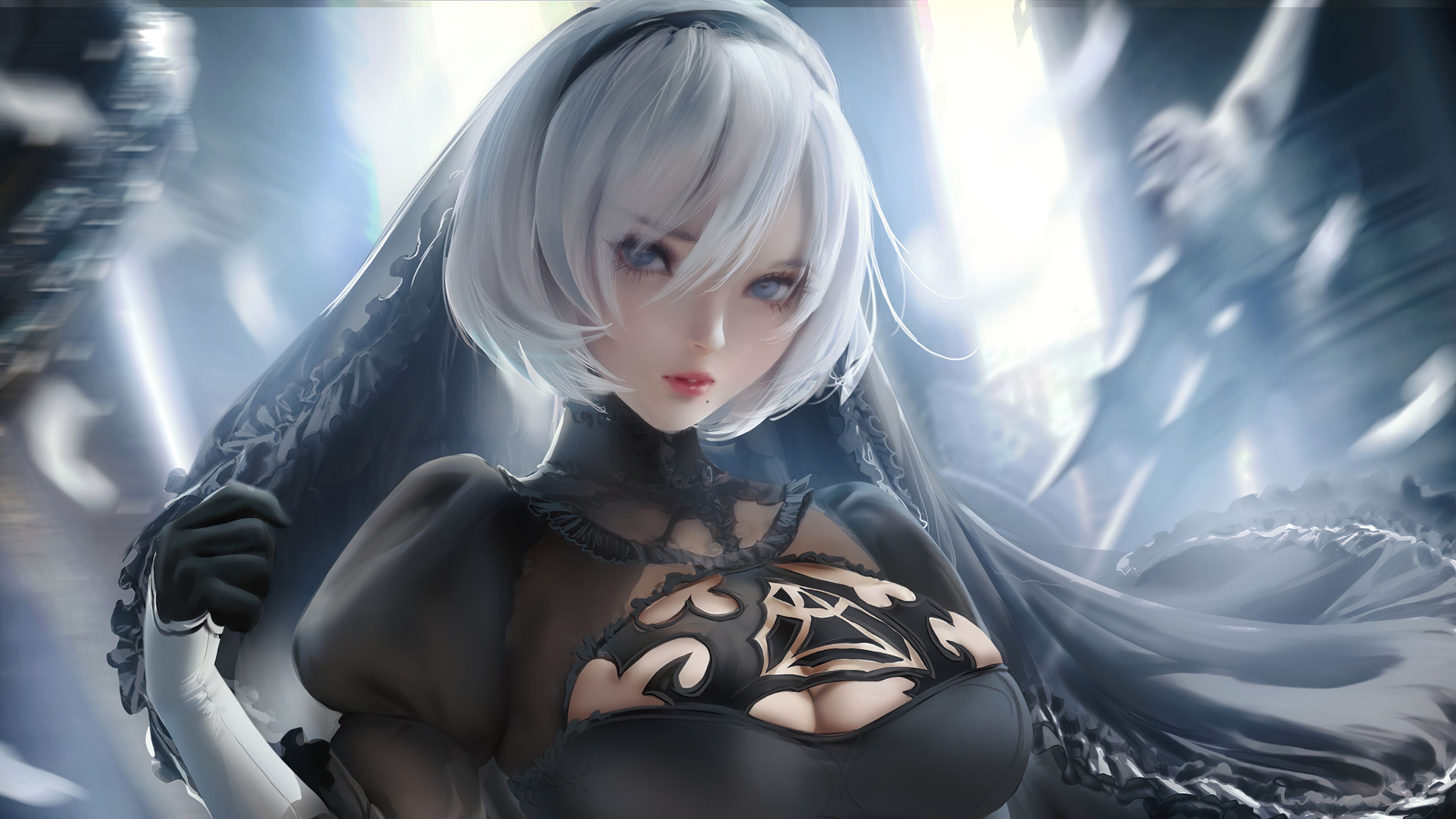 2B, NieR: Automata, Black lace bridal veil, 4K Desktop wallpaper