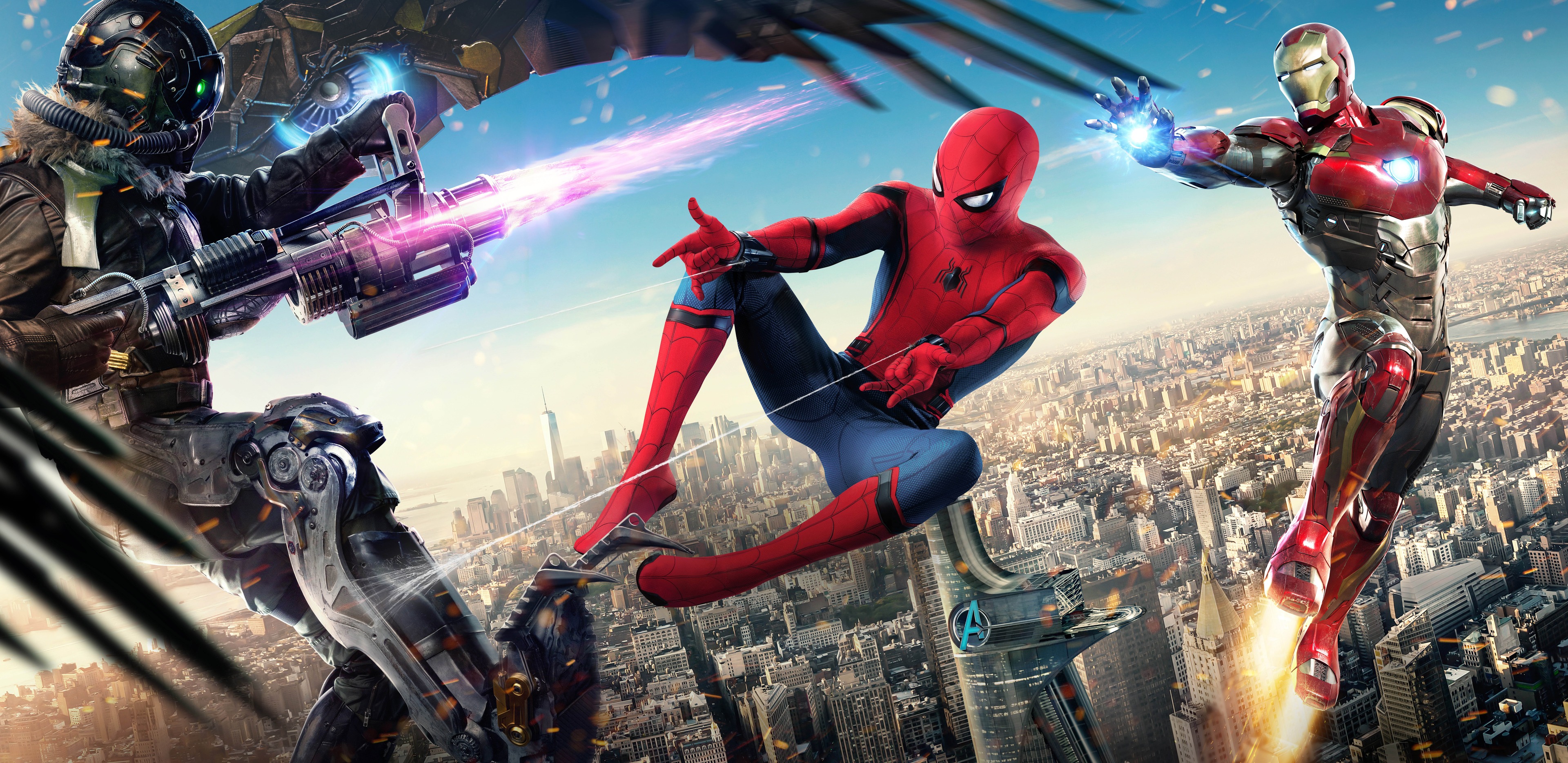 Homecoming, Vulture, Iron Man, Sunlit city skyline, HD Desktop wallpaper