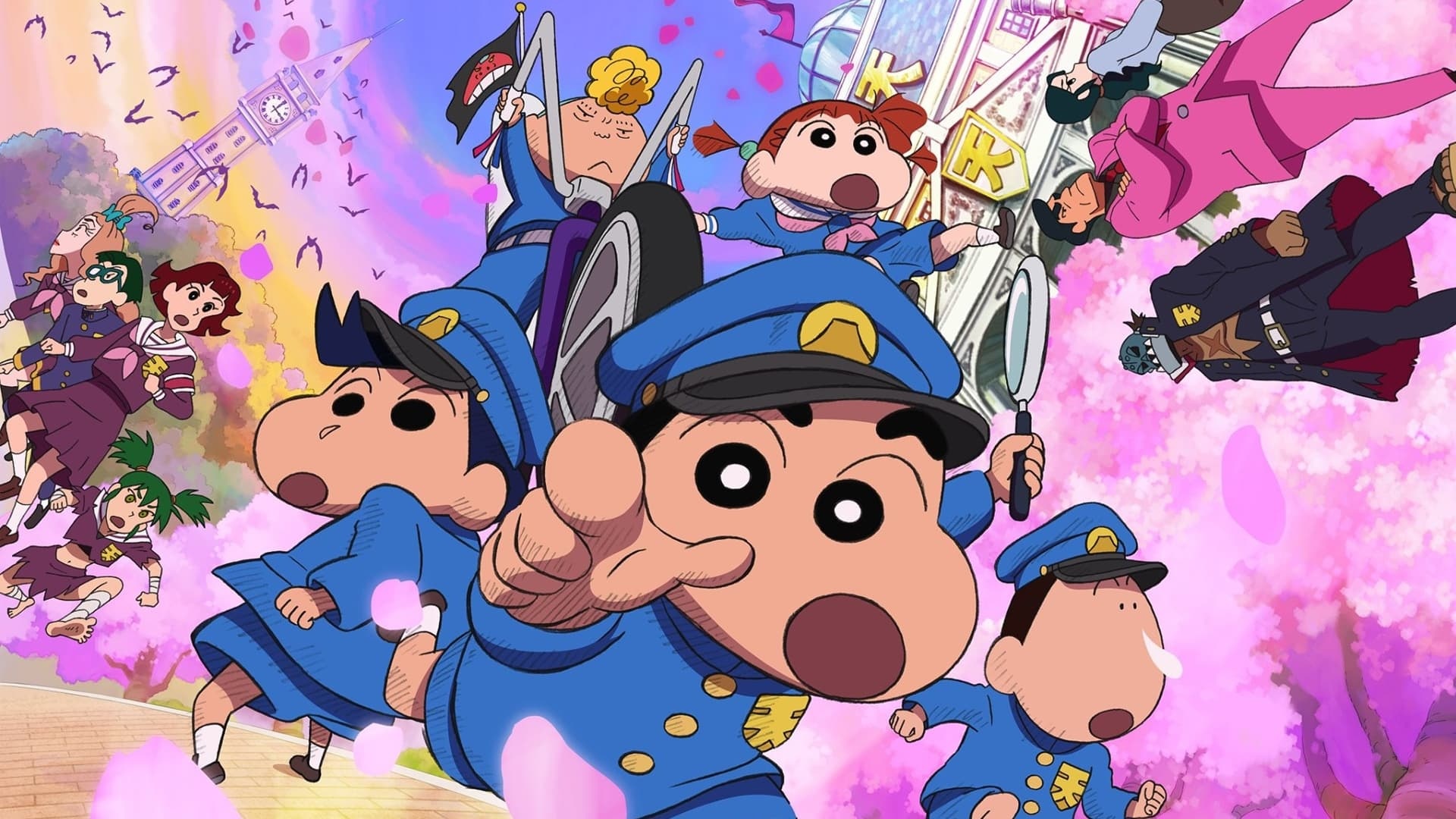 Shinnosuke Nohara, Kasukabe Defense Force, Tenkasu Academy uniform, falling cherry blossom petals, Full HD Desktop wallpaper