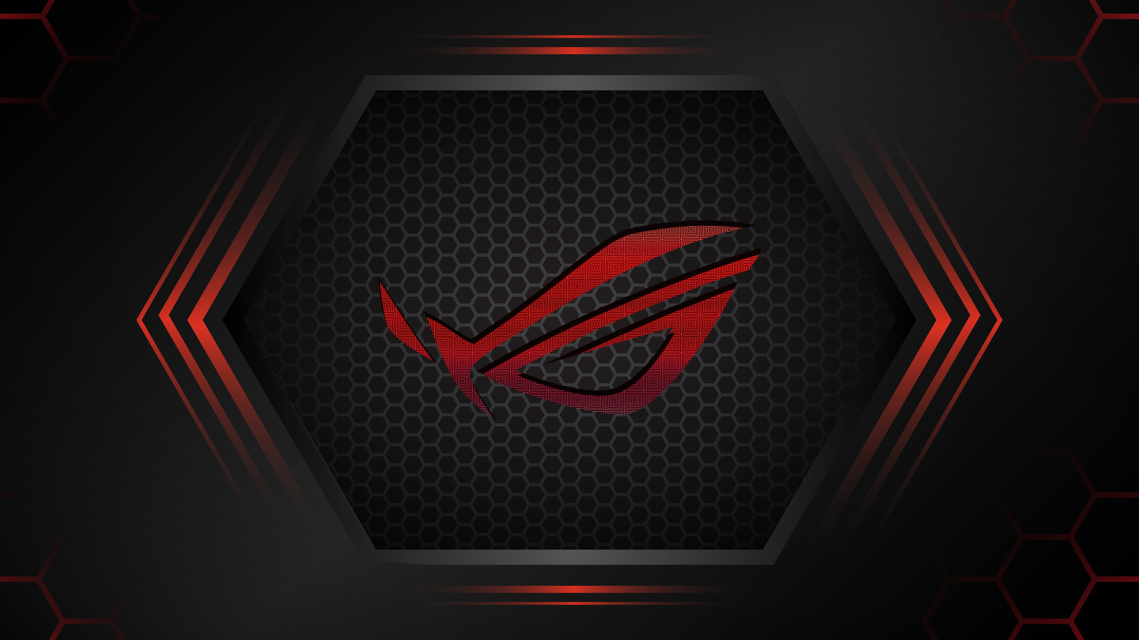 ASUS Republic of Gamers logo, Hexagonal honeycomb frame, Red chevron accents, 4K Desktop wallpaper
