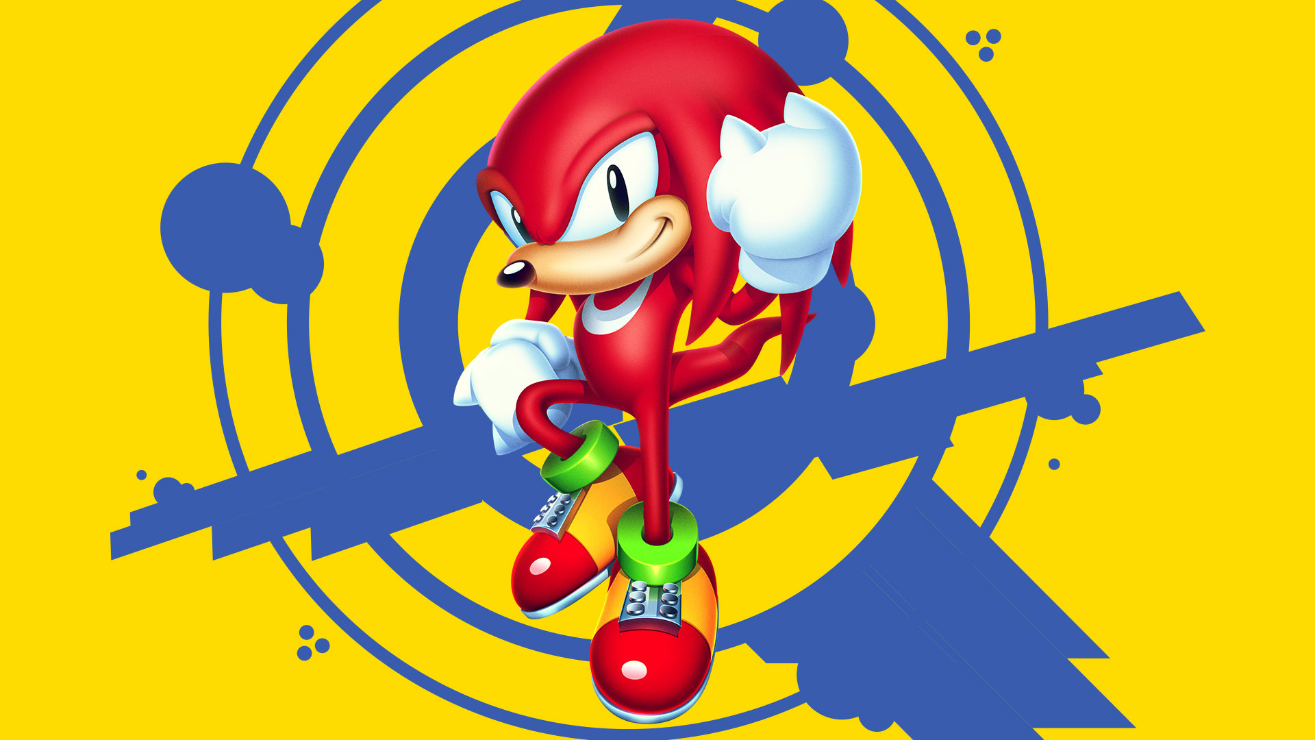 Knuckles the Echidna, Blue concentric ring motif, Yellow flat backdrop, Full HD Desktop wallpaper