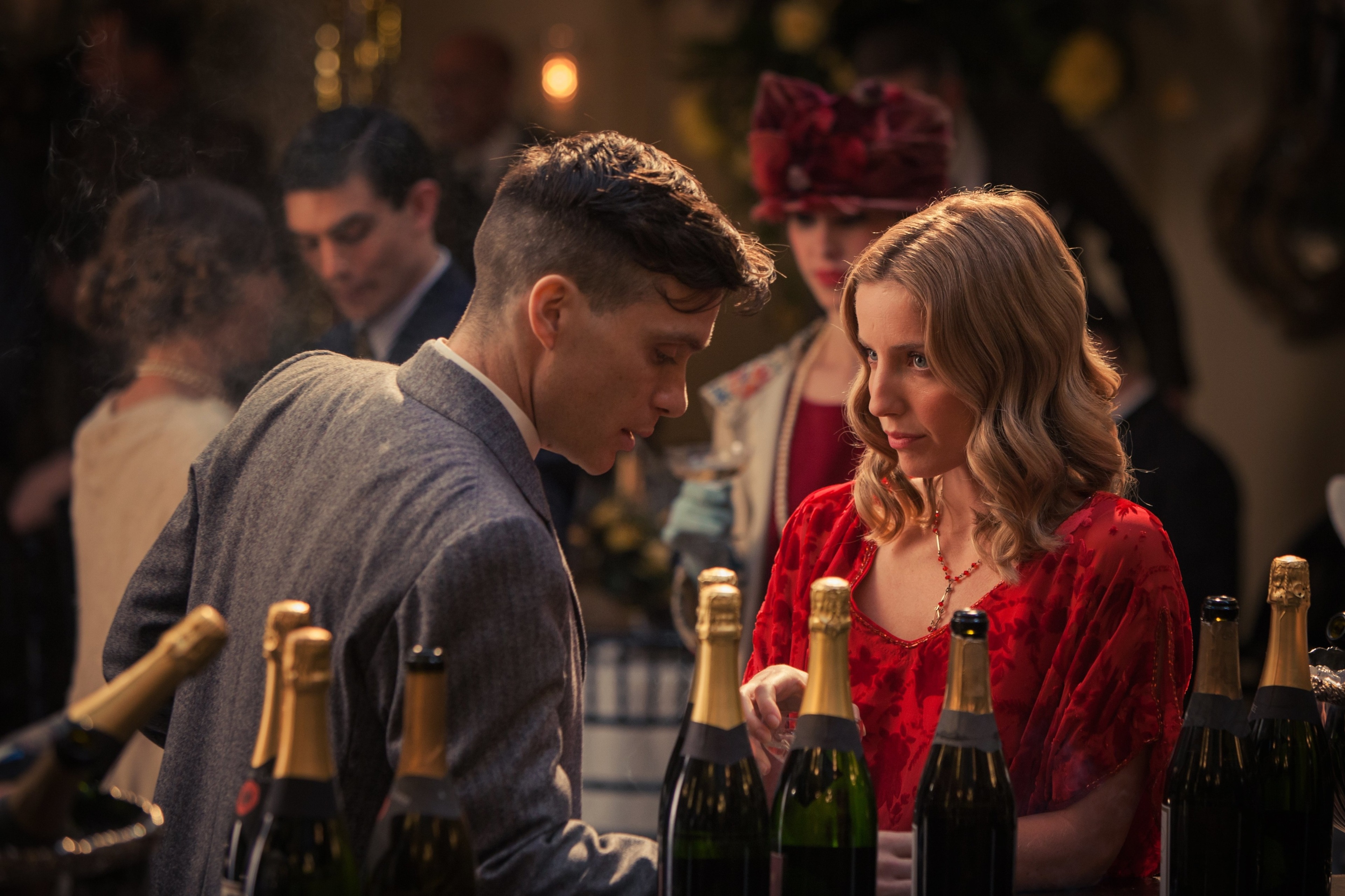 Grace Burgess (Annabelle Wallis), Thomas Shelby, Crowded indoor party, Warmly lit room, 4K Desktop wallpaper