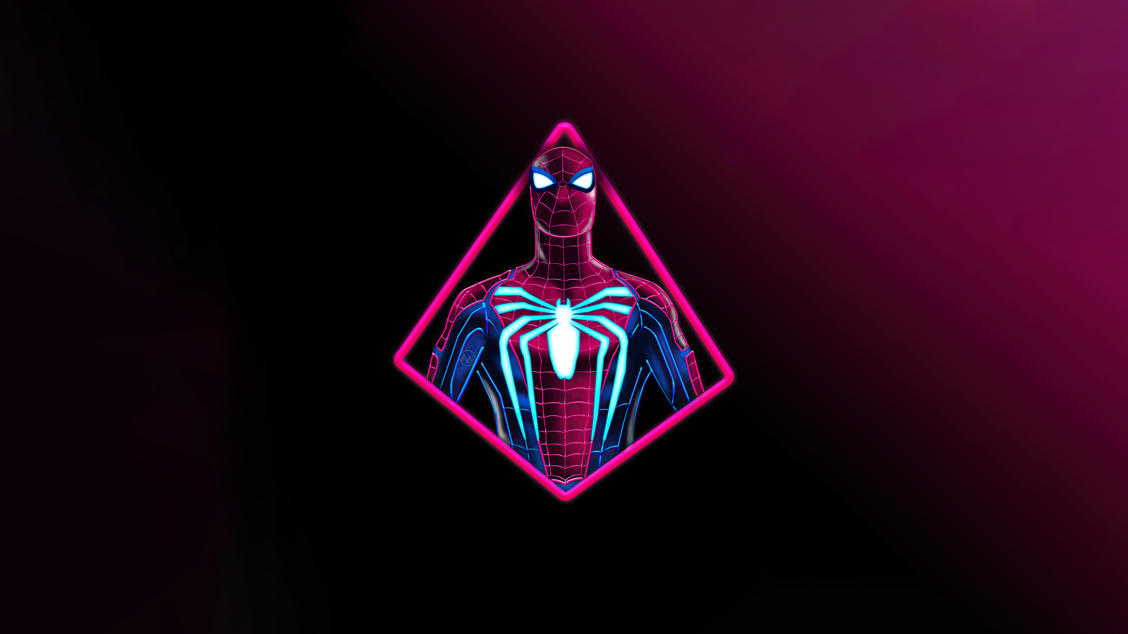Advanced Suit Spider-Man, Glowing cyan spider emblem, Pink neon diamond frame, 4K Desktop wallpaper