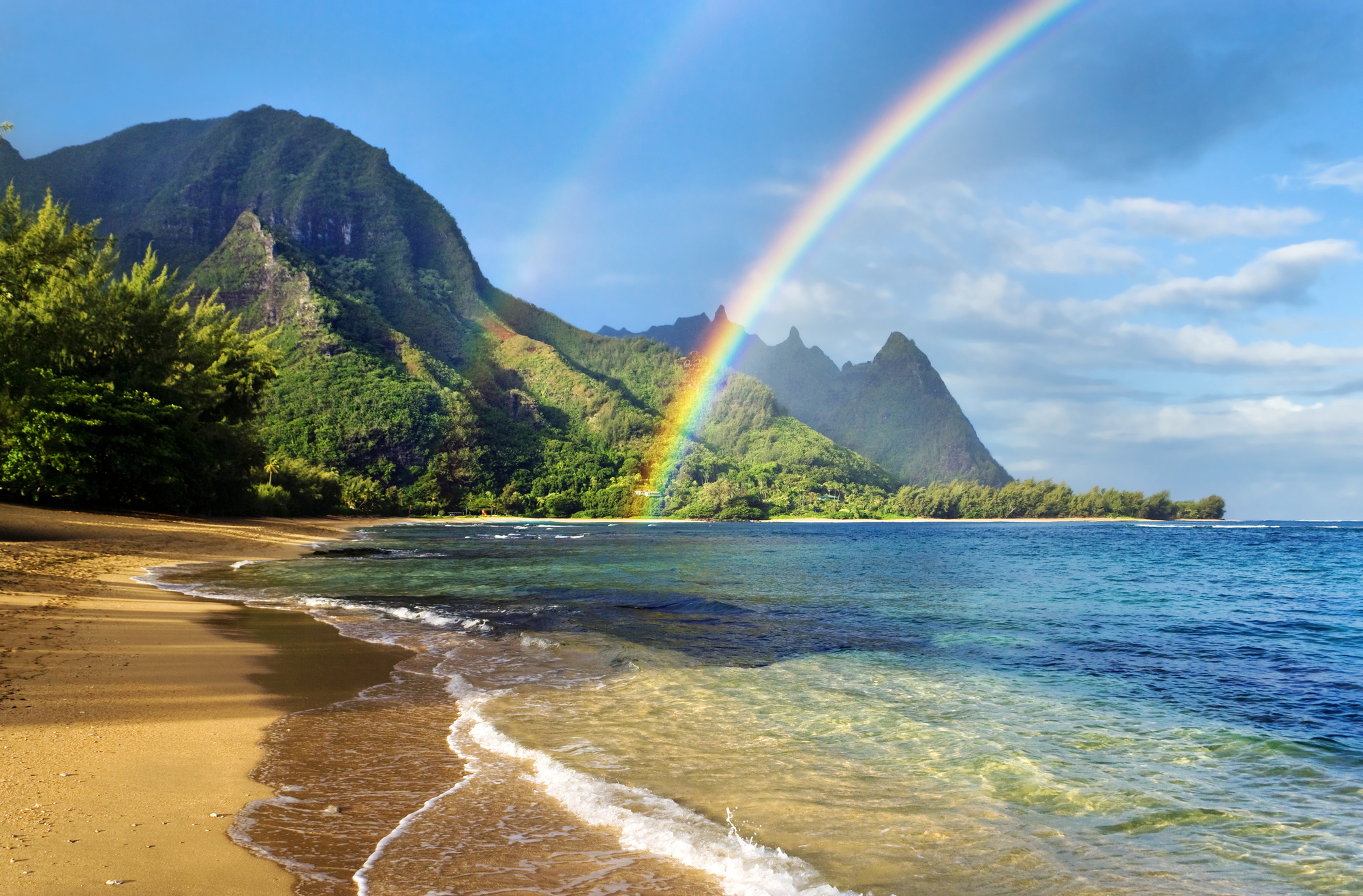 Mount Makana Kauai, Double rainbow over ocean, Tropical sandy beach shoreline, HD Desktop wallpaper