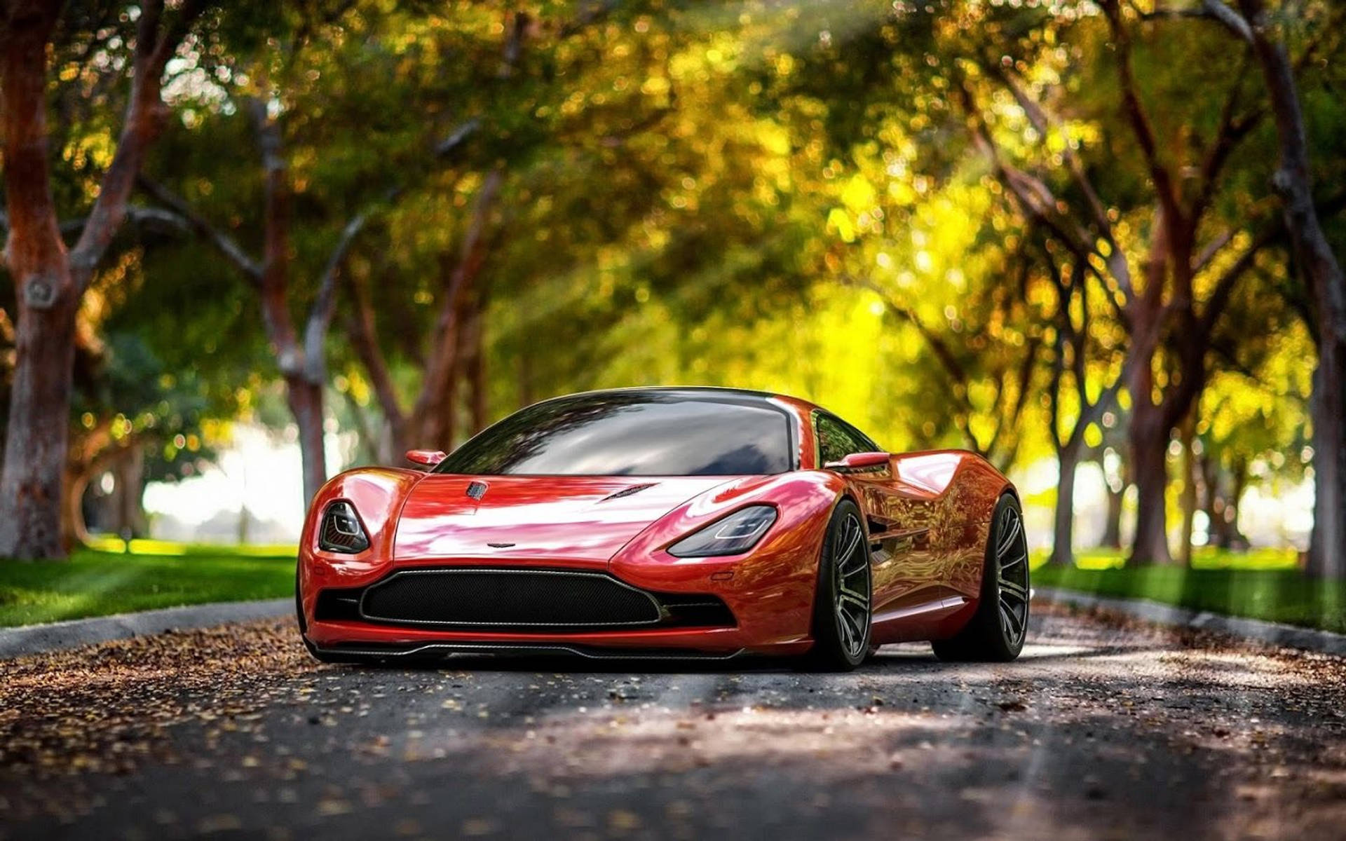 Aston Martin DBC concept, tree-lined asphalt road, metallic red supercar, HD Desktop wallpaper