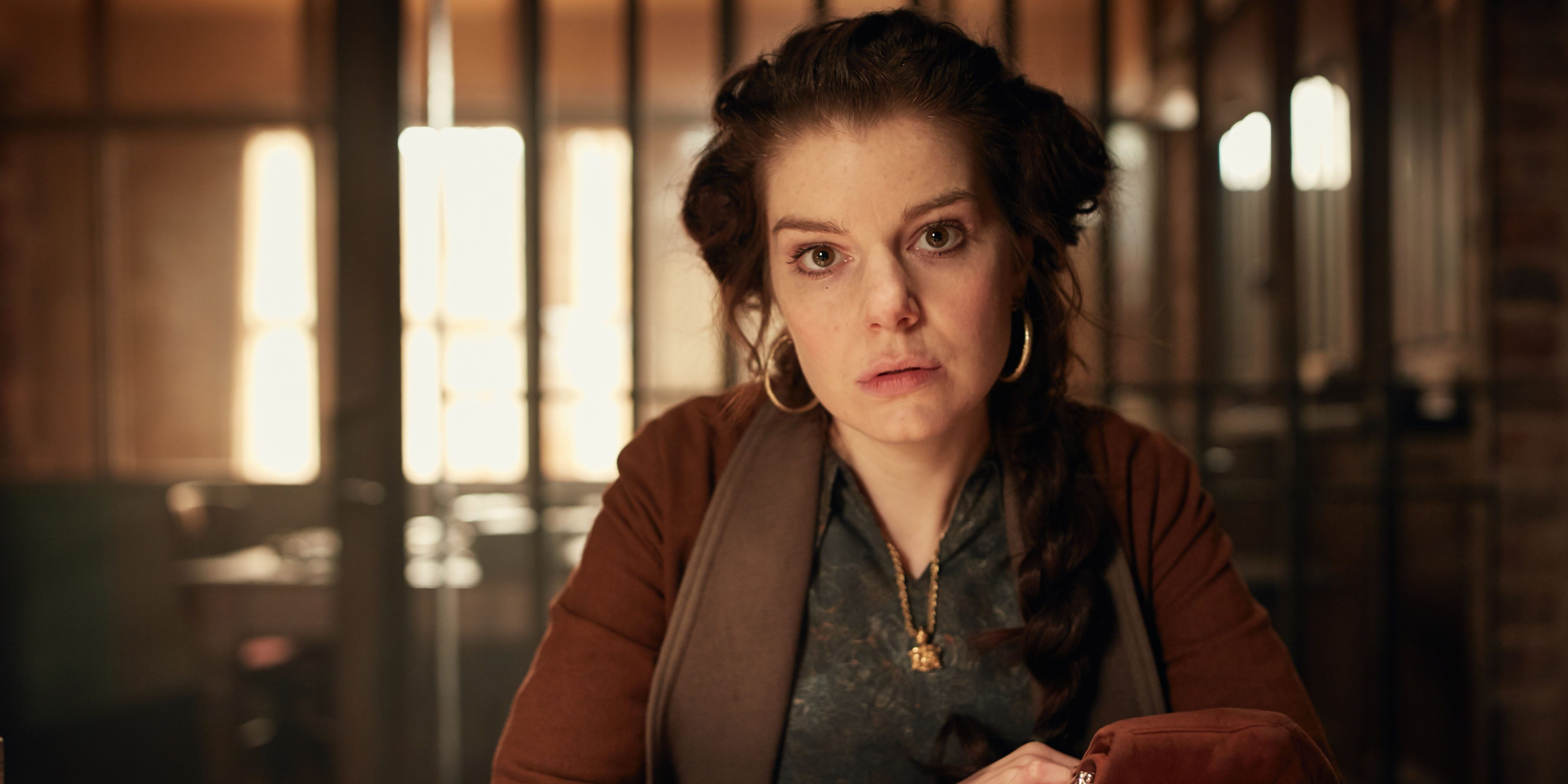 Esme Shelby, Braided hair and knitted shawl, Dim room behind metal bars, 4K Desktop wallpaper