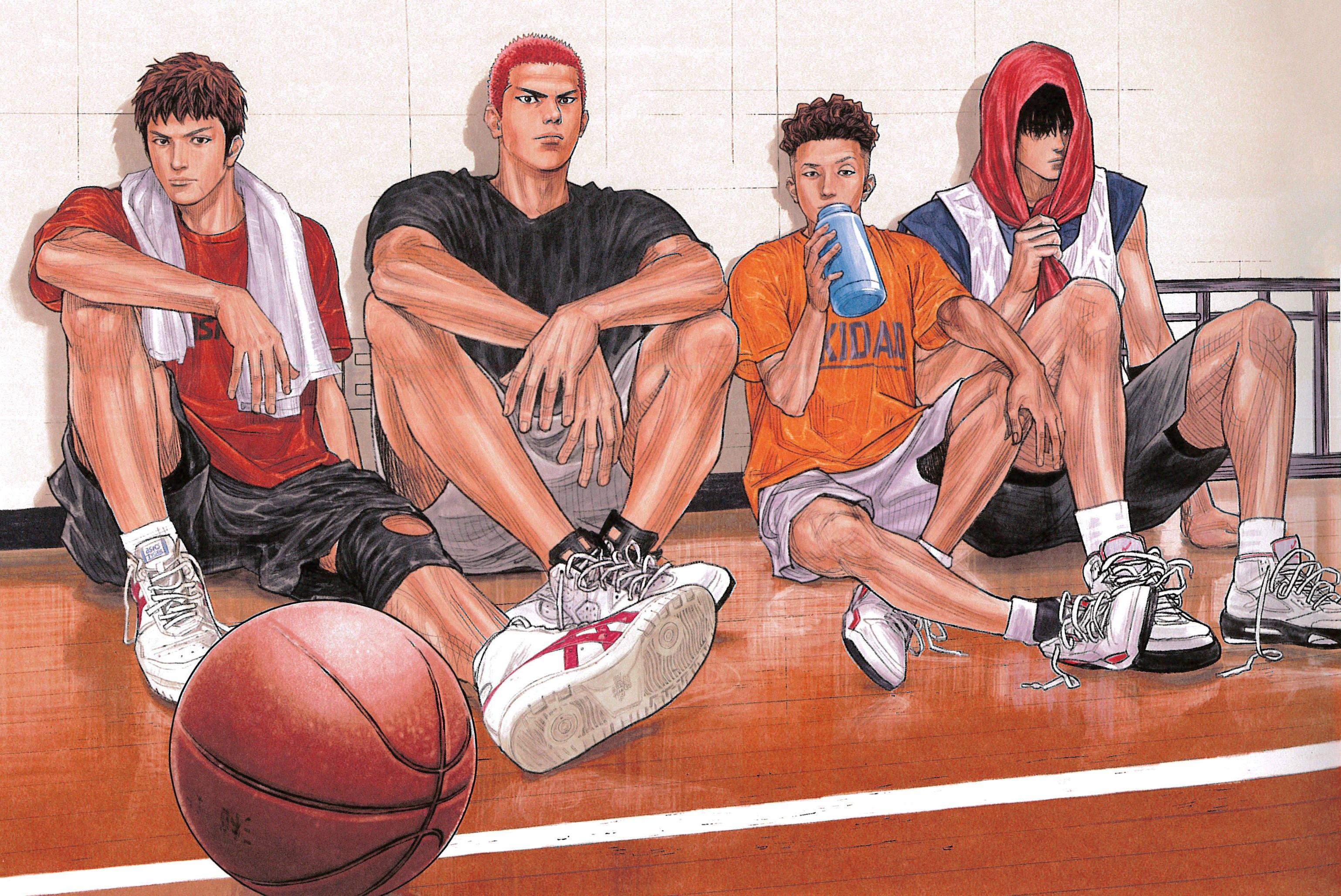 Hanamichi Sakuragi, Kaede Rukawa, Ryota Miyagi, Hisashi Mitsui, basketball court floor, HD Desktop wallpaper