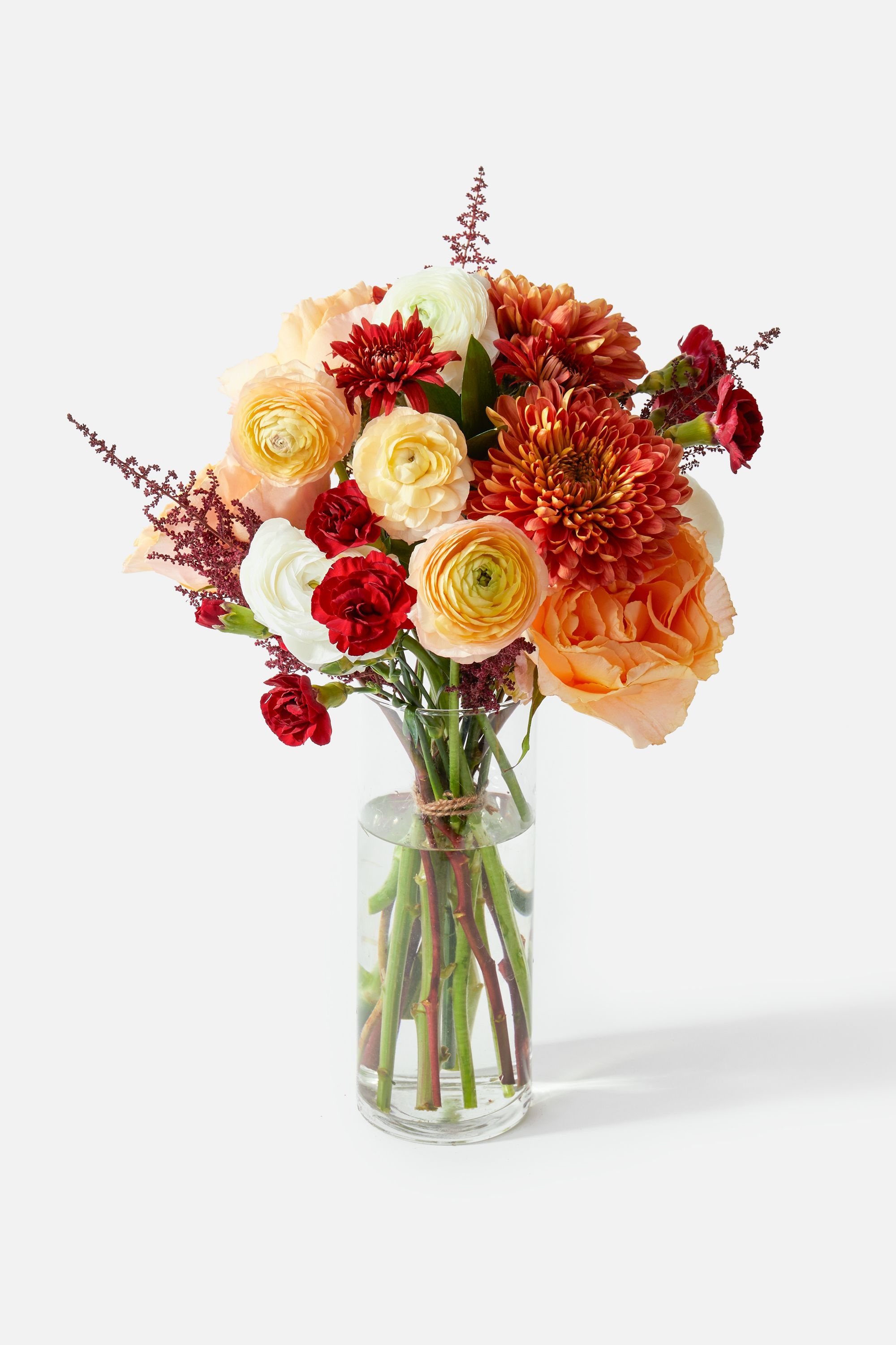 Ranunculus and chrysanthemum bouquet, Rust orange chrysanthemums, Clear glass cylinder vase, HD Phone wallpaper