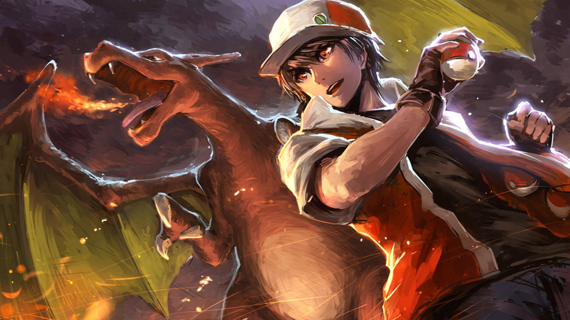 Red from Pokémon, Charizard breathing fire, Poké Ball, Full HD Desktop wallpaper