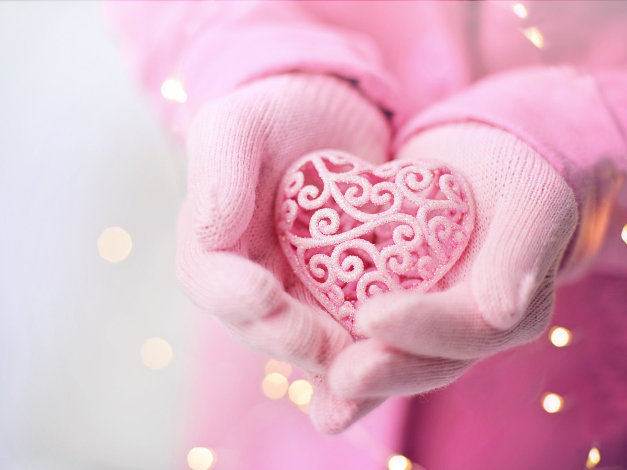 pink filigree heart ornament, pink knitted winter gloves, bokeh fairy lights, HD Desktop wallpaper