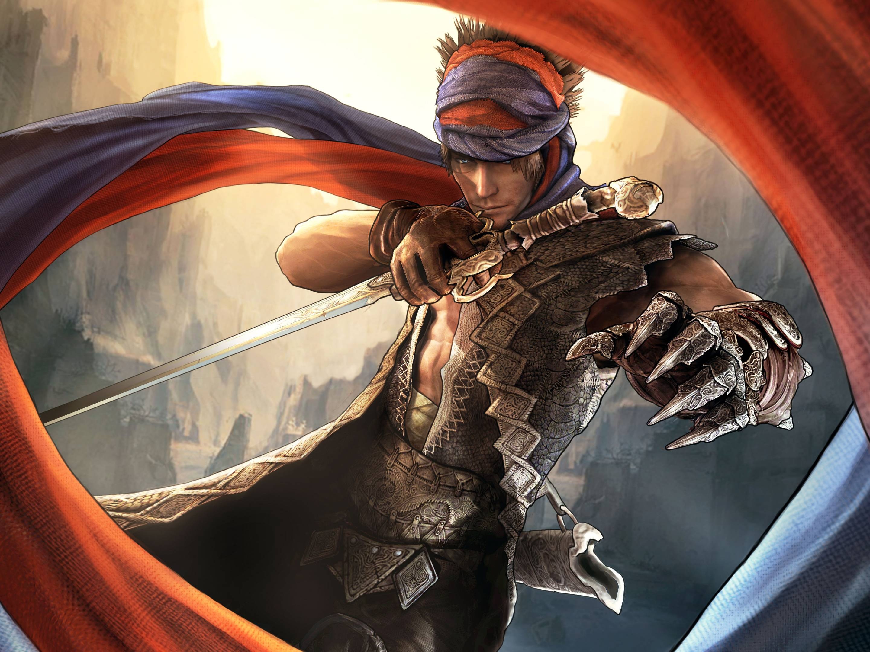 The Prince from Prince of Persia, Articulated metal claw gauntlet, Flowing red blue scarf, HD Desktop wallpaper
