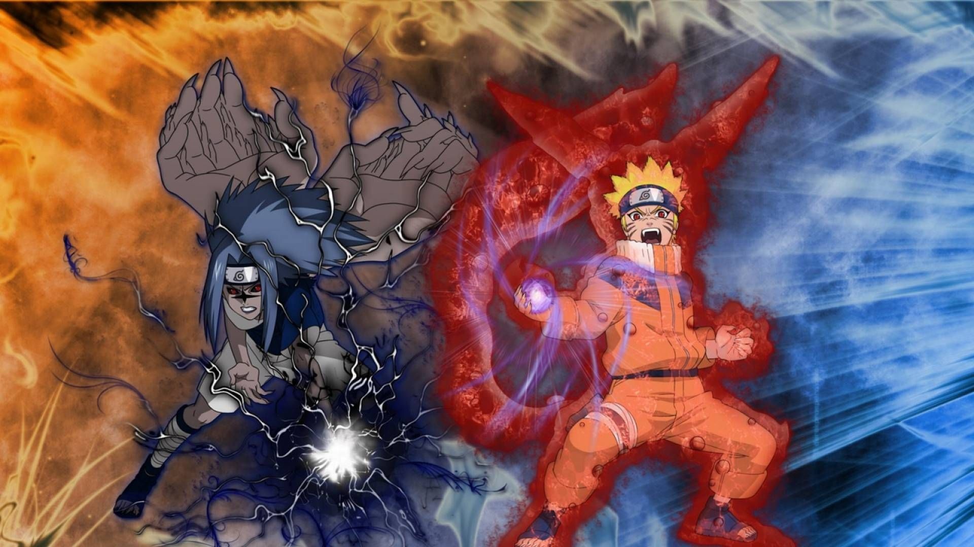 Cursed Seal Sasuke Uchiha, One-Tailed Naruto Uzumaki, Black Chidori, Vermilion Rasengan, Full HD Desktop wallpaper