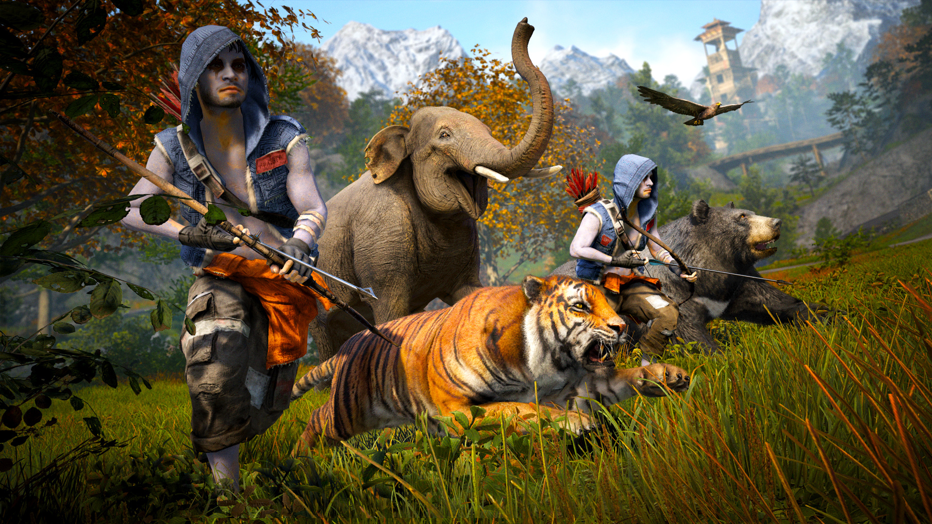 Far Cry 4 Rakshasa hunter, Charging Bengal tiger, Asian elephant, Himalayan black bear, Full HD Desktop wallpaper