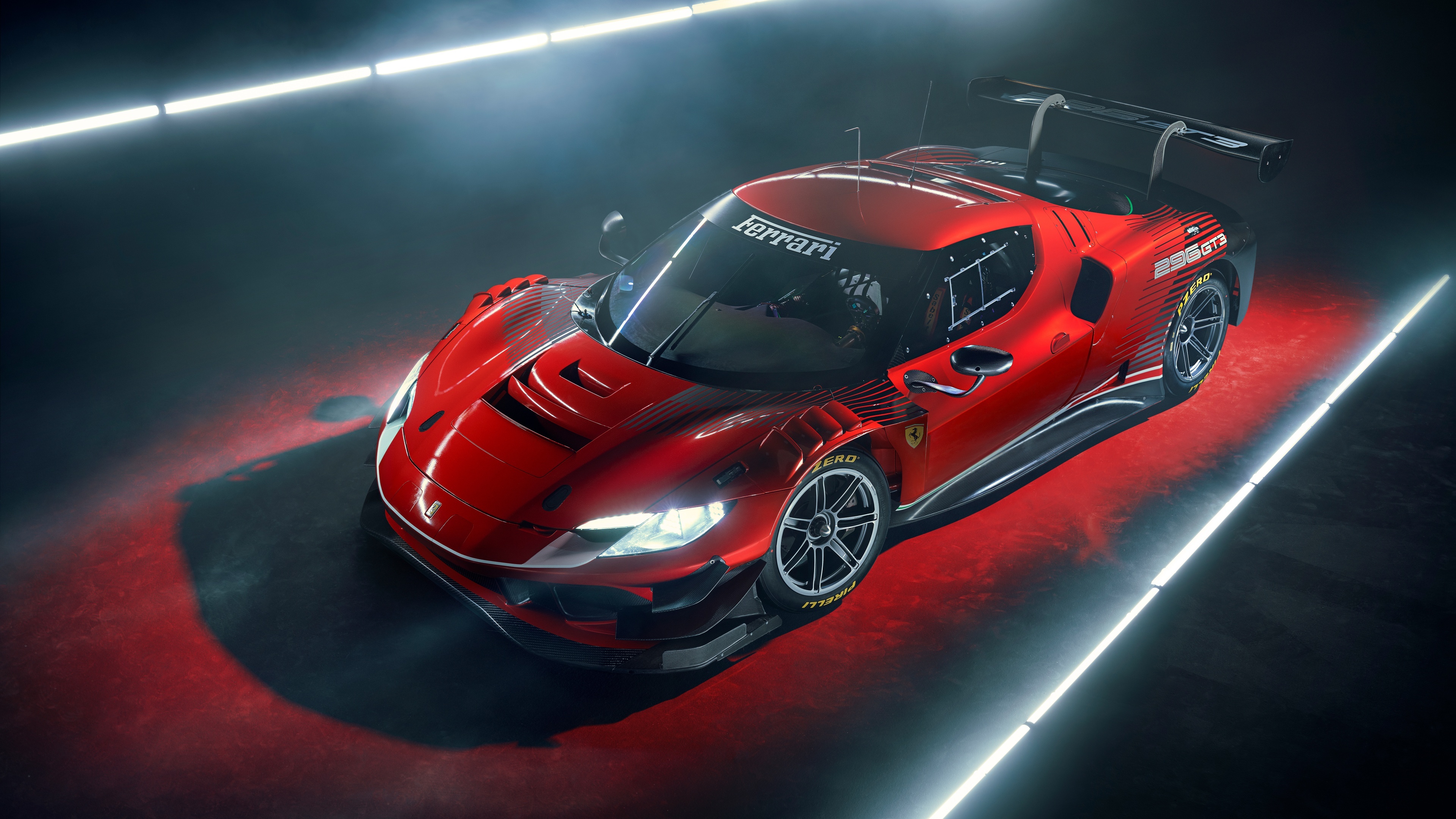 Ferrari 296 GT3, overhead strip lights, red floor glow, 4K Desktop wallpaper