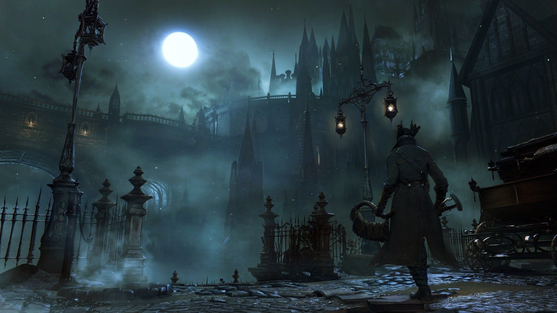 The Hunter, Yharnam gothic architecture, Saw Cleaver, Full HD Desktop wallpaper